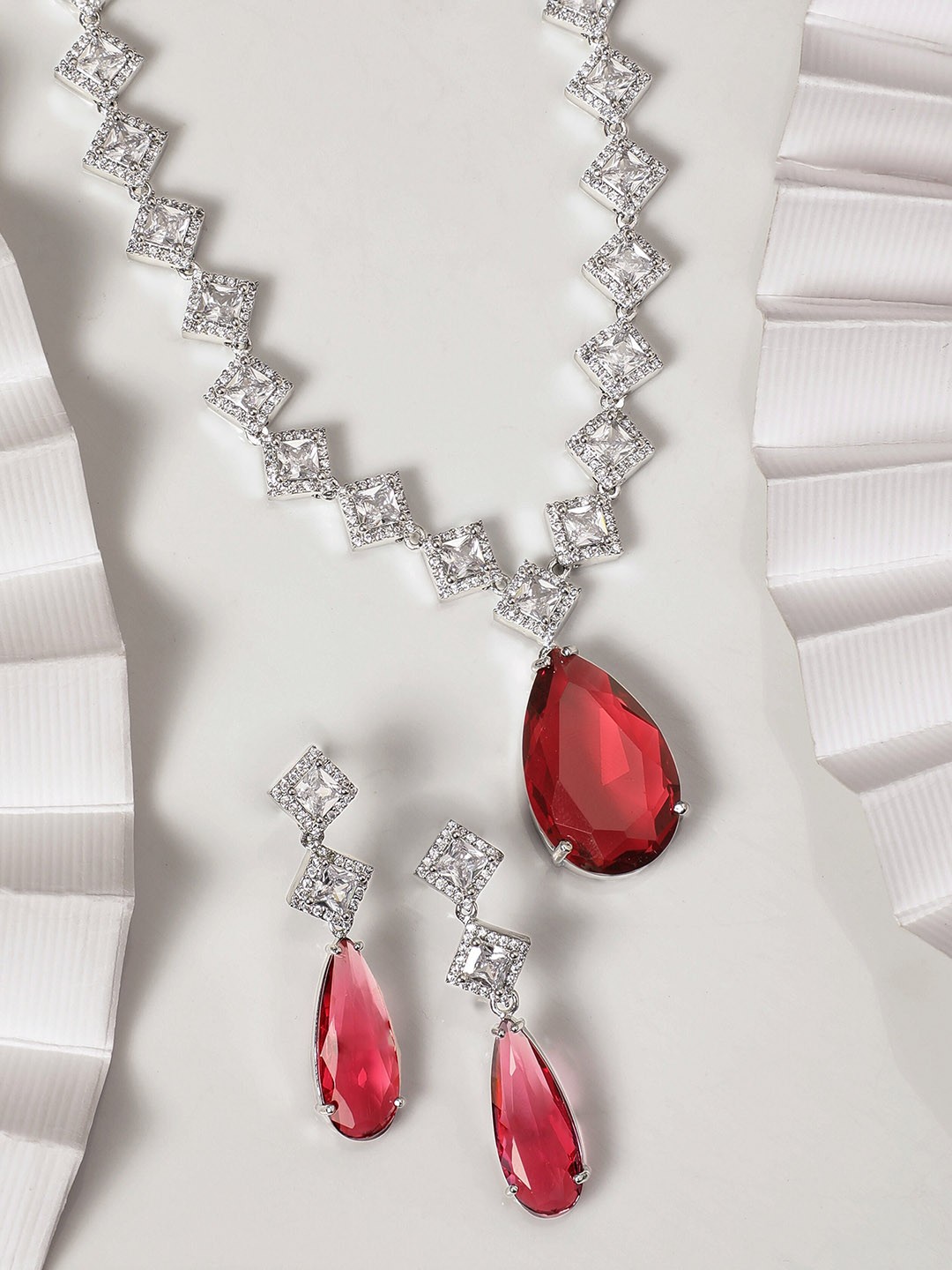 

Rubans Rhodium-Plated Teardrop Cubic Zirconia-Studded Necklace and Earrings, Silver
