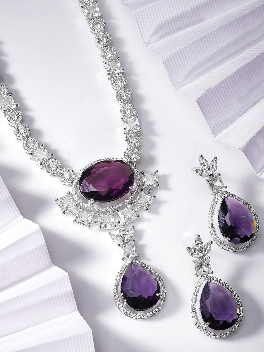 

Rubans Rhodium-Plated Cubic Zirconia-Studded Necklace and Earrings, Silver