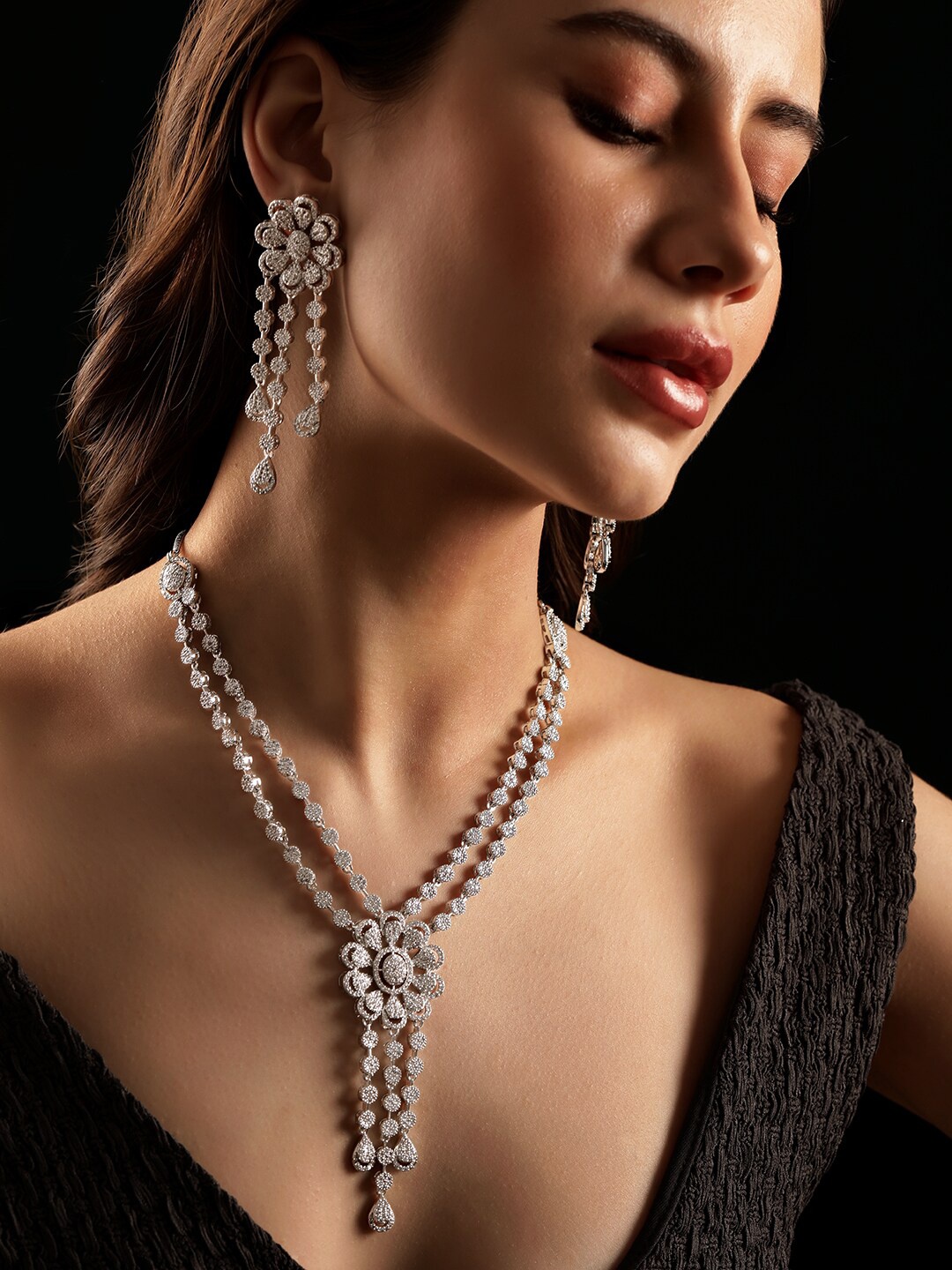 

Rubans Rhodium Plated Layered Zirconia Studded Floral Motif Statement Necklace Set, Silver
