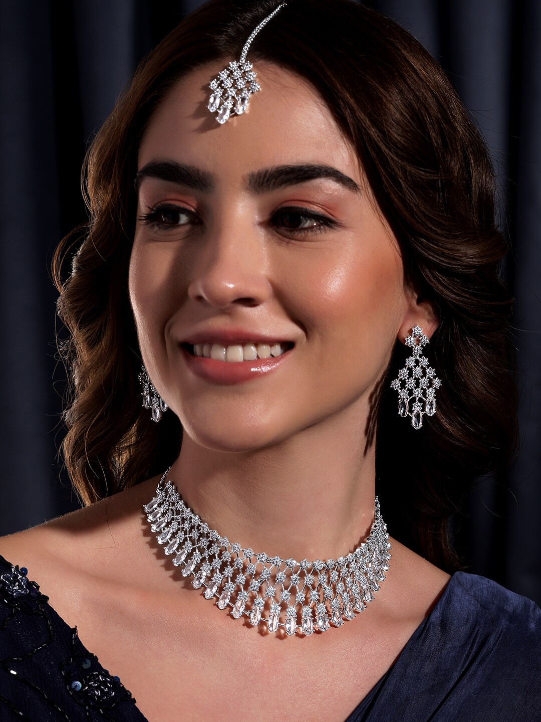 

Rubans Rhodium-Plated CZ Studded Necklace & Earrings With Maang Tika, Silver