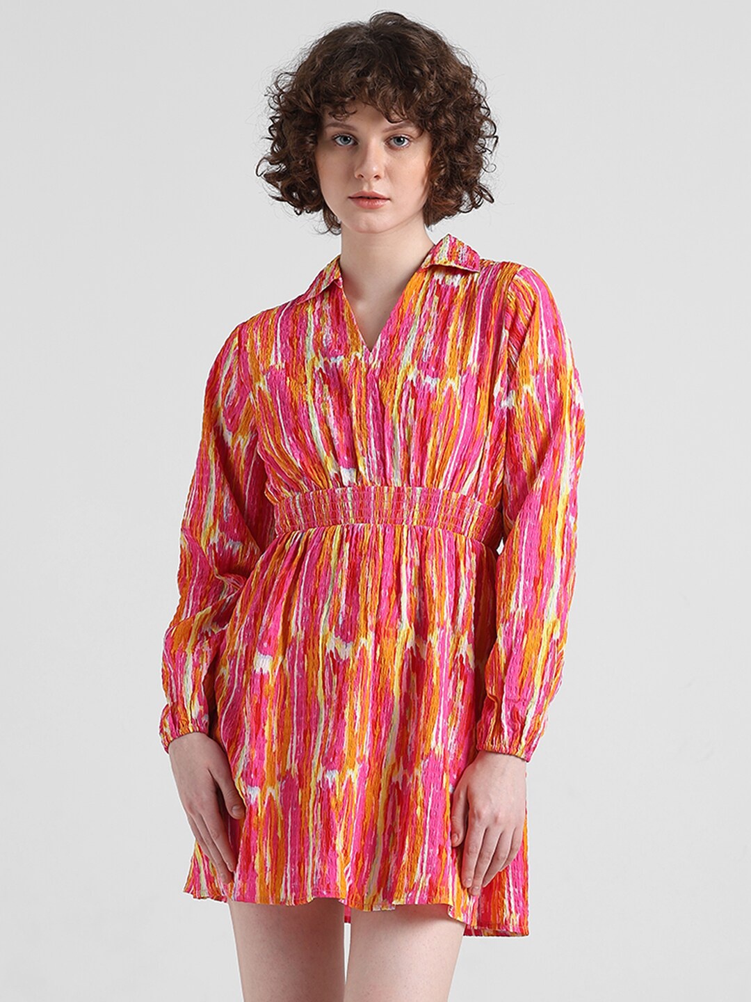 

ONLY Abstract Printed Smocked Shirt Collar Fit & Flare Mini Dress, Pink