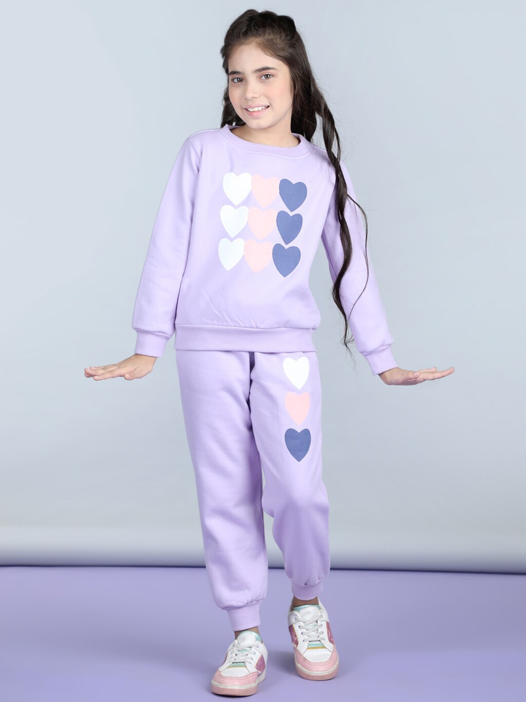 

StyleStone Girls Conversational Printed Fleece Tracksuits, Lavender