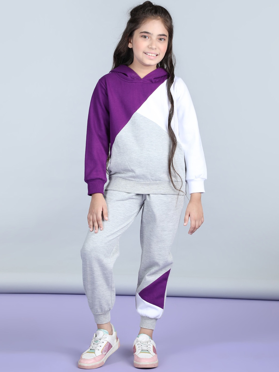 

StyleStone Girls Colorblocked Fleece Tracksuit, Purple