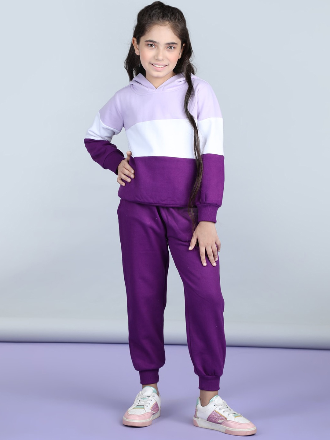 

StyleStone Girls Colourblocked Fleece Tracksuits, Purple