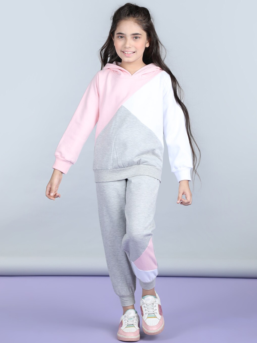 StyleStone Girls Colourblocked Fleece Tracksuits, Pink