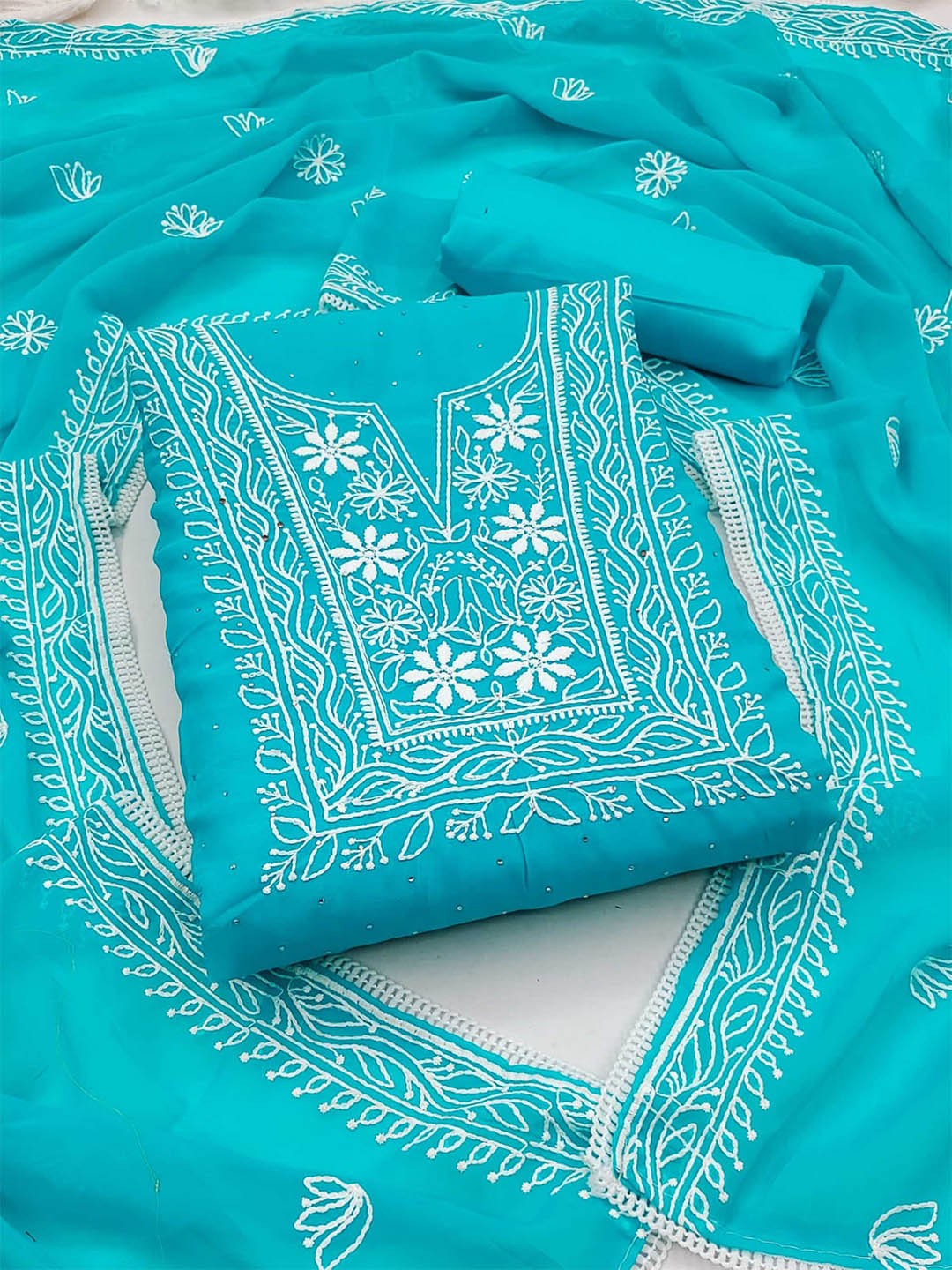 

KALINI Ethnic Motifs Embroidered Beads and Stones Detail Unstitched Dress Material, Blue