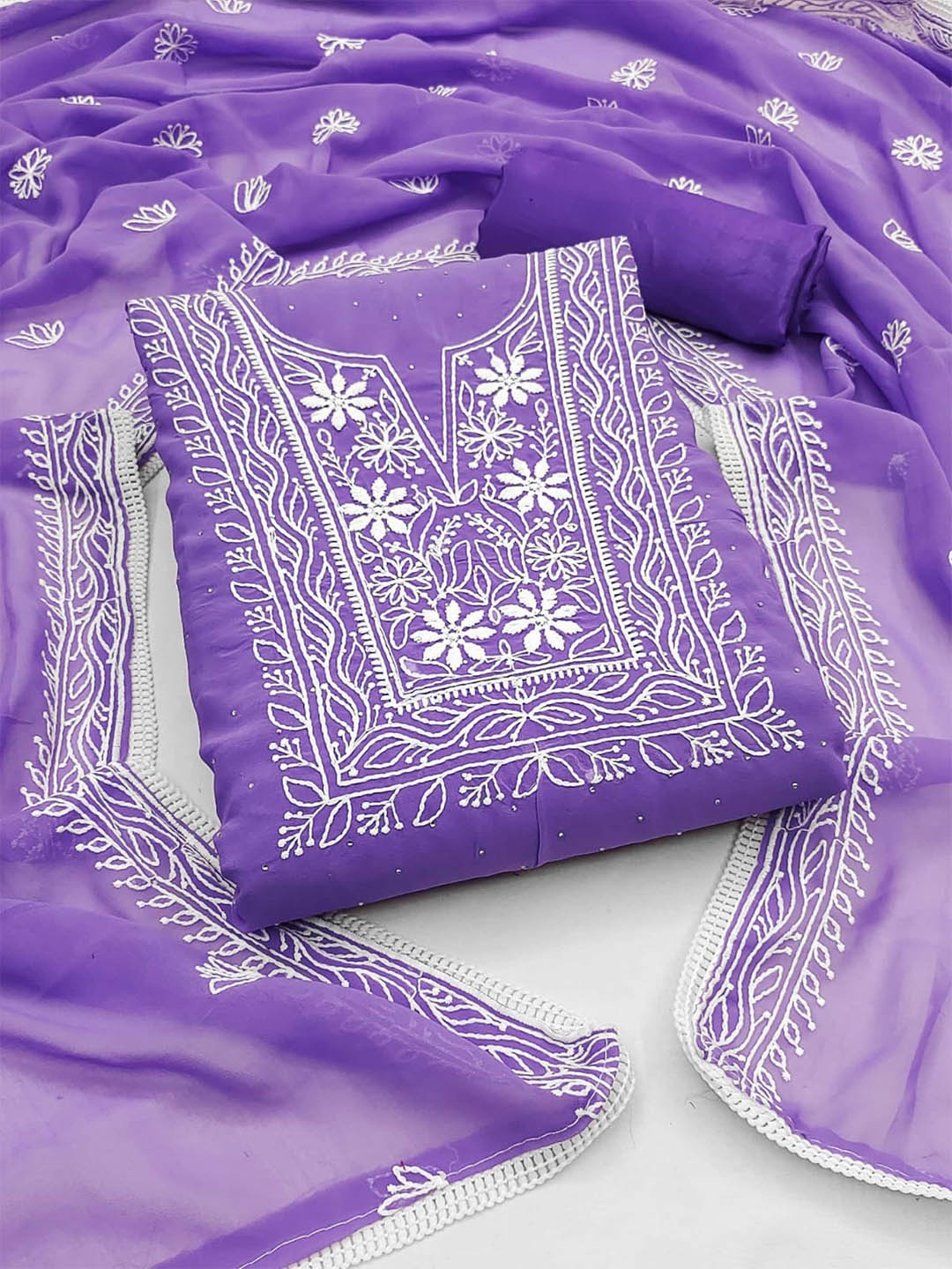 KALINI Floral Embroidered Unstitched Dress Material, Purple
