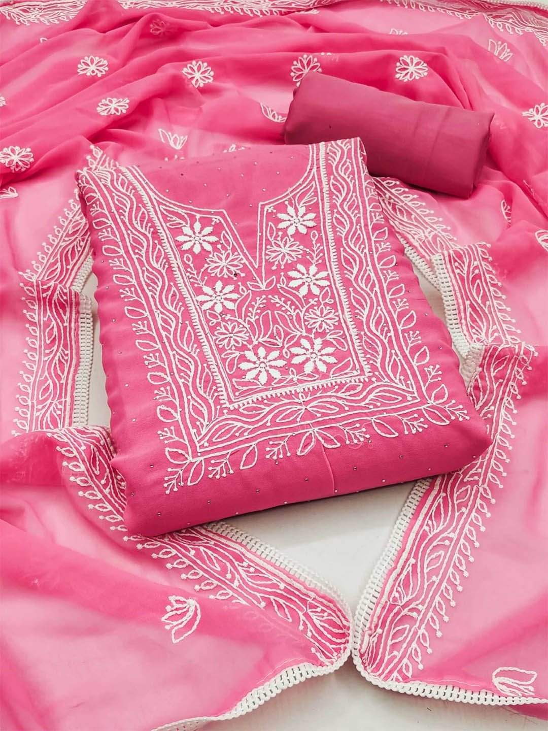 

KALINI Floral Embroidered Unstitched Dress Material, Pink