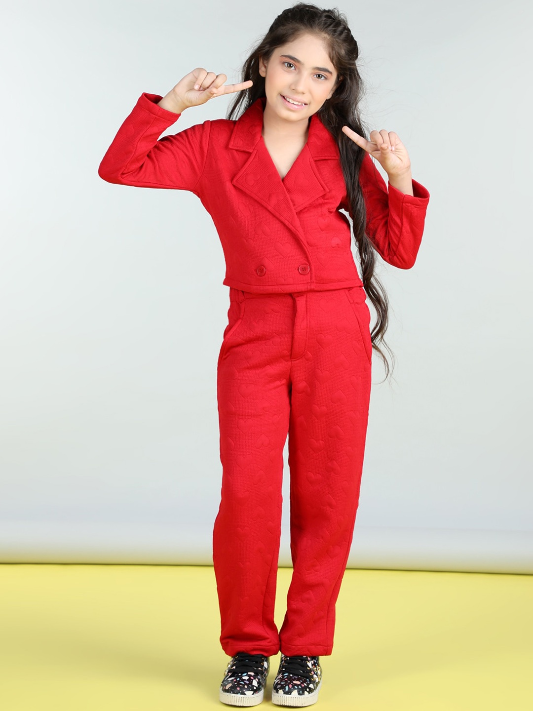 

StyleStone Girls Self Design Lapel Collar Double Breasted Blazer With Trousers, Red