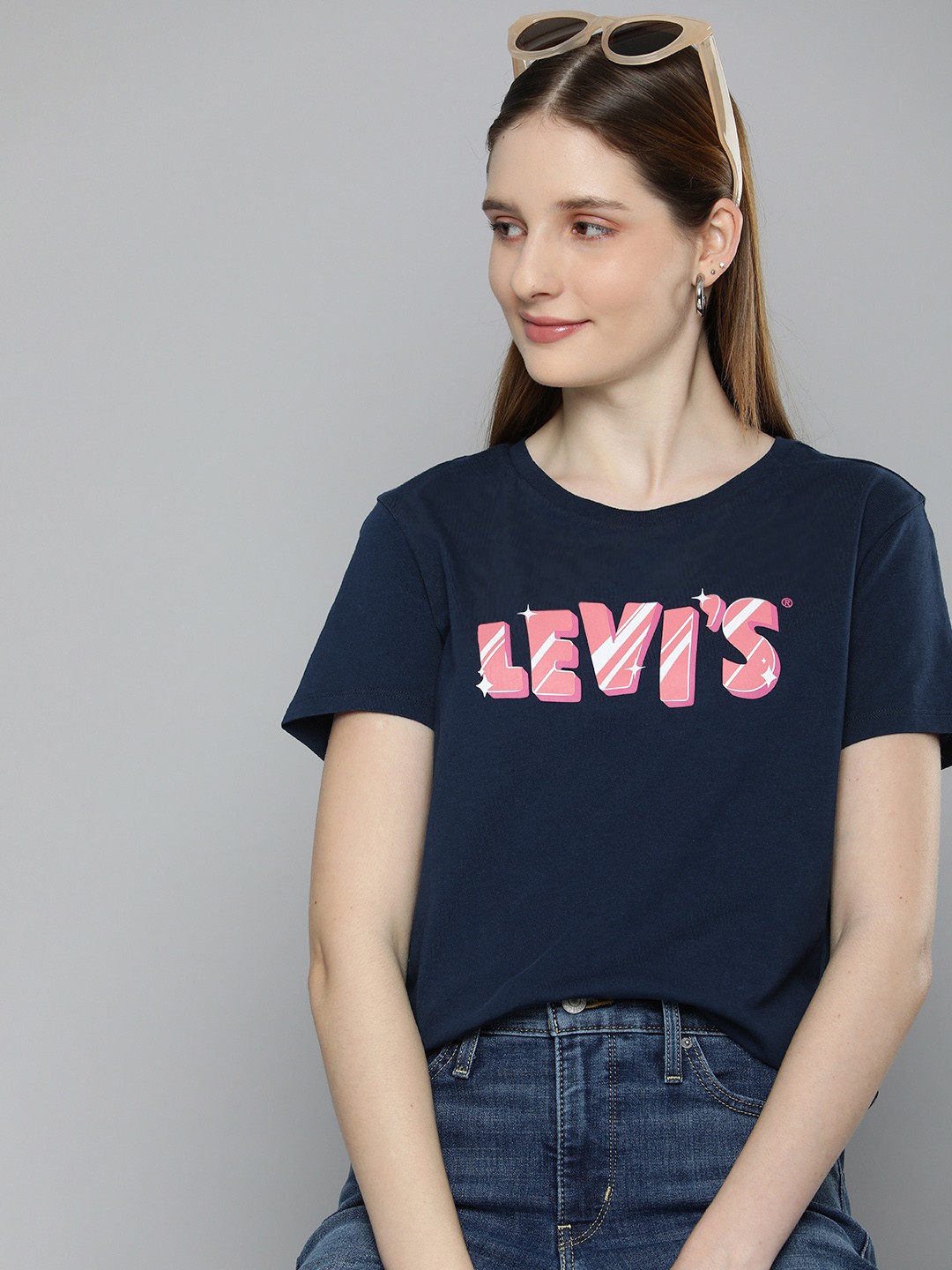 

Levis Women Brand Logo Printed Pure Cotton T-shirt, Navy blue