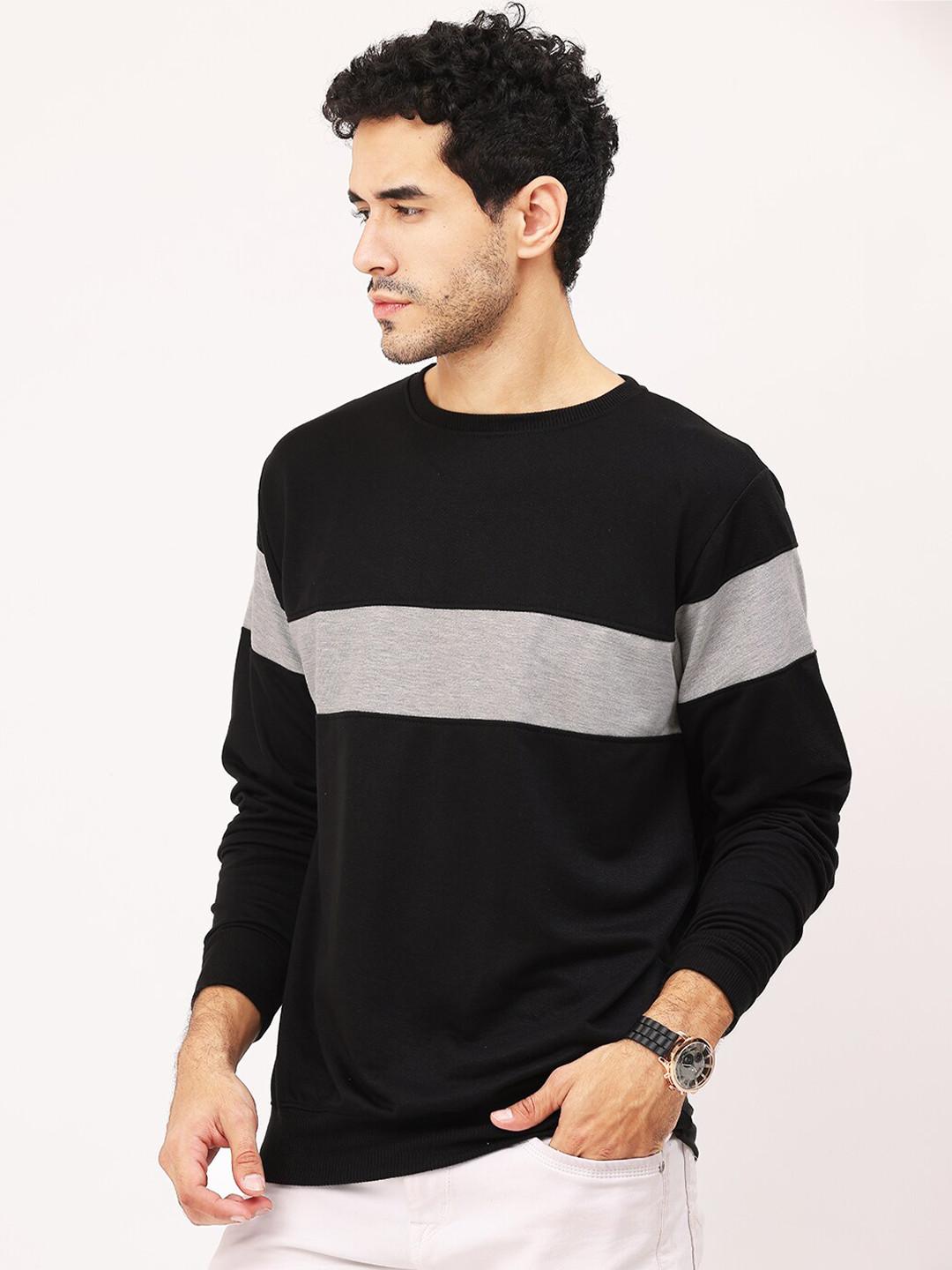 

Leotude Striped Fleece Sweatshirt, Black