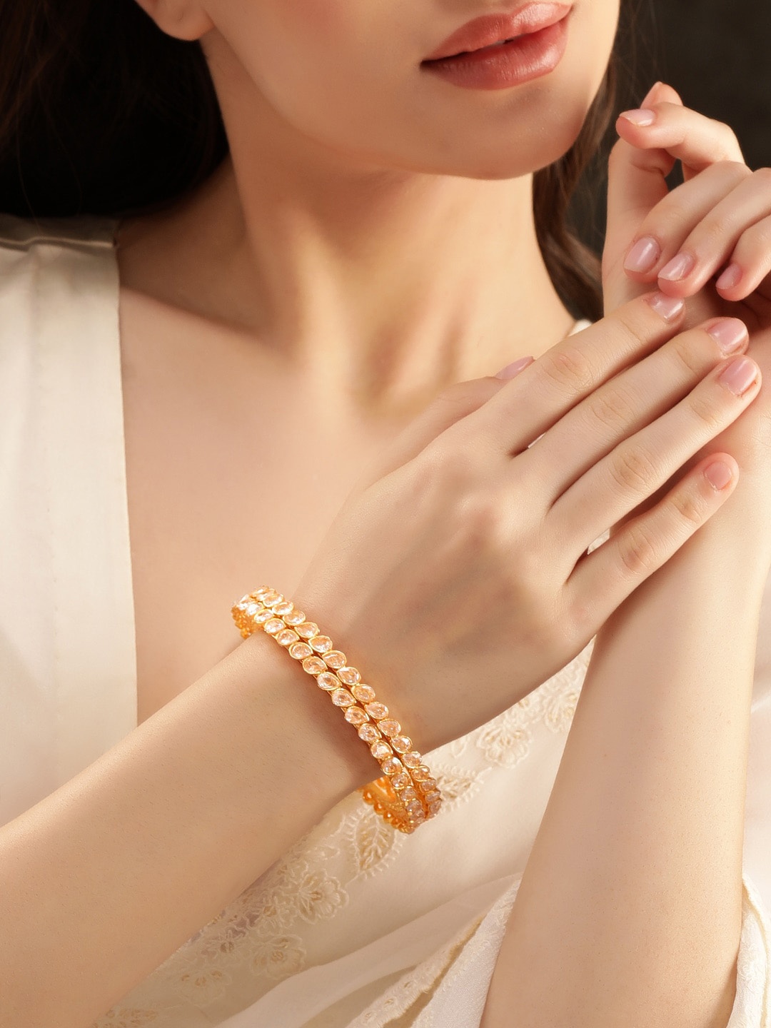 

Rubans Set Of 2 22KT Gold-Plated Cubic Zirconia Studded Bangles