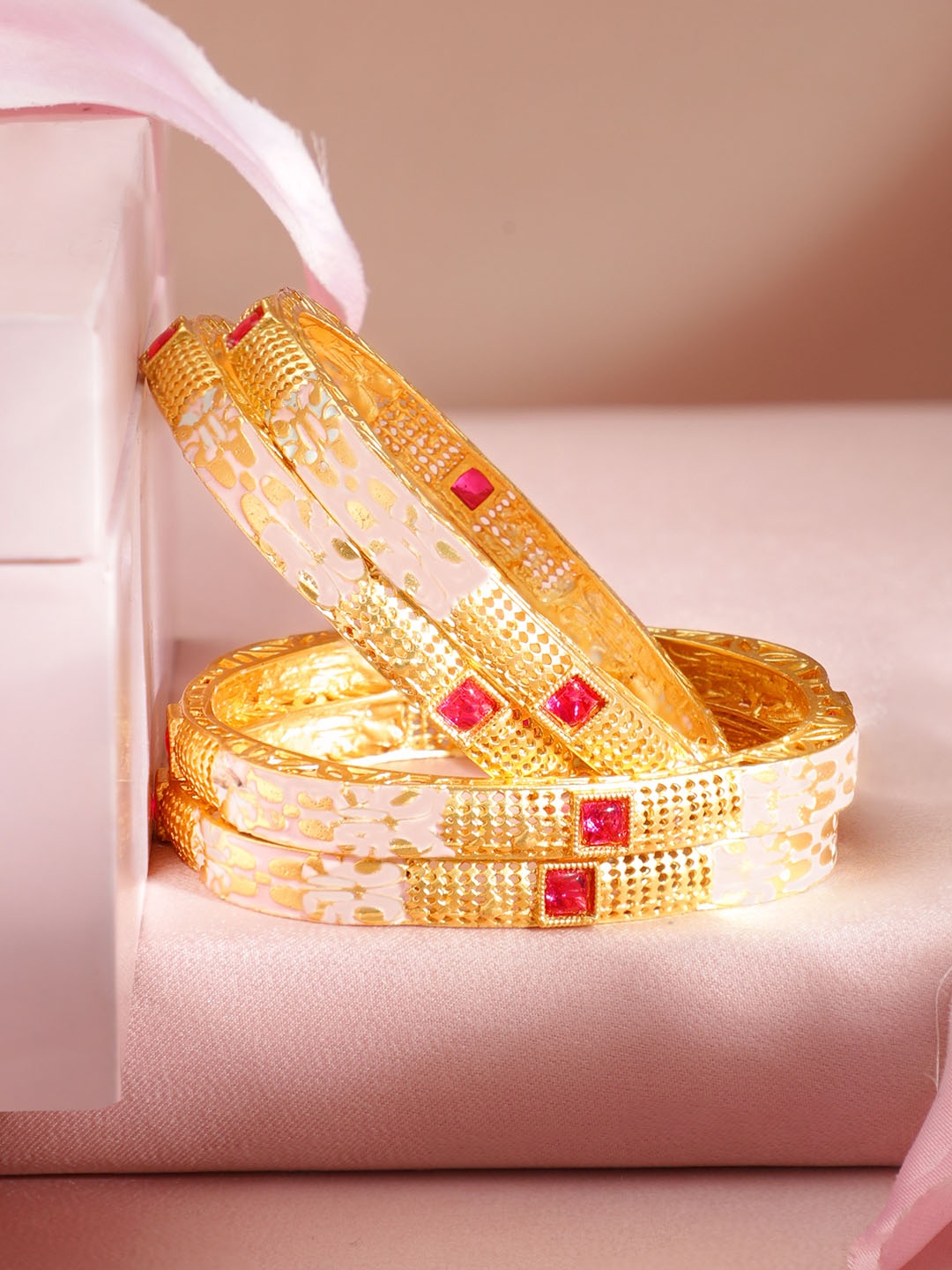 

Rubans Set Of 4 22K Gold-Plated Pink Enamel Kemp Stone-Studded Bangles