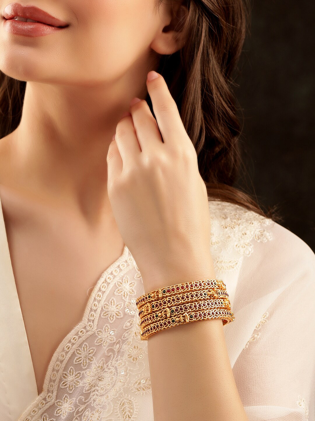 

Rubans Set Of 4 22K Gold-Plated Stones Studded Bangles