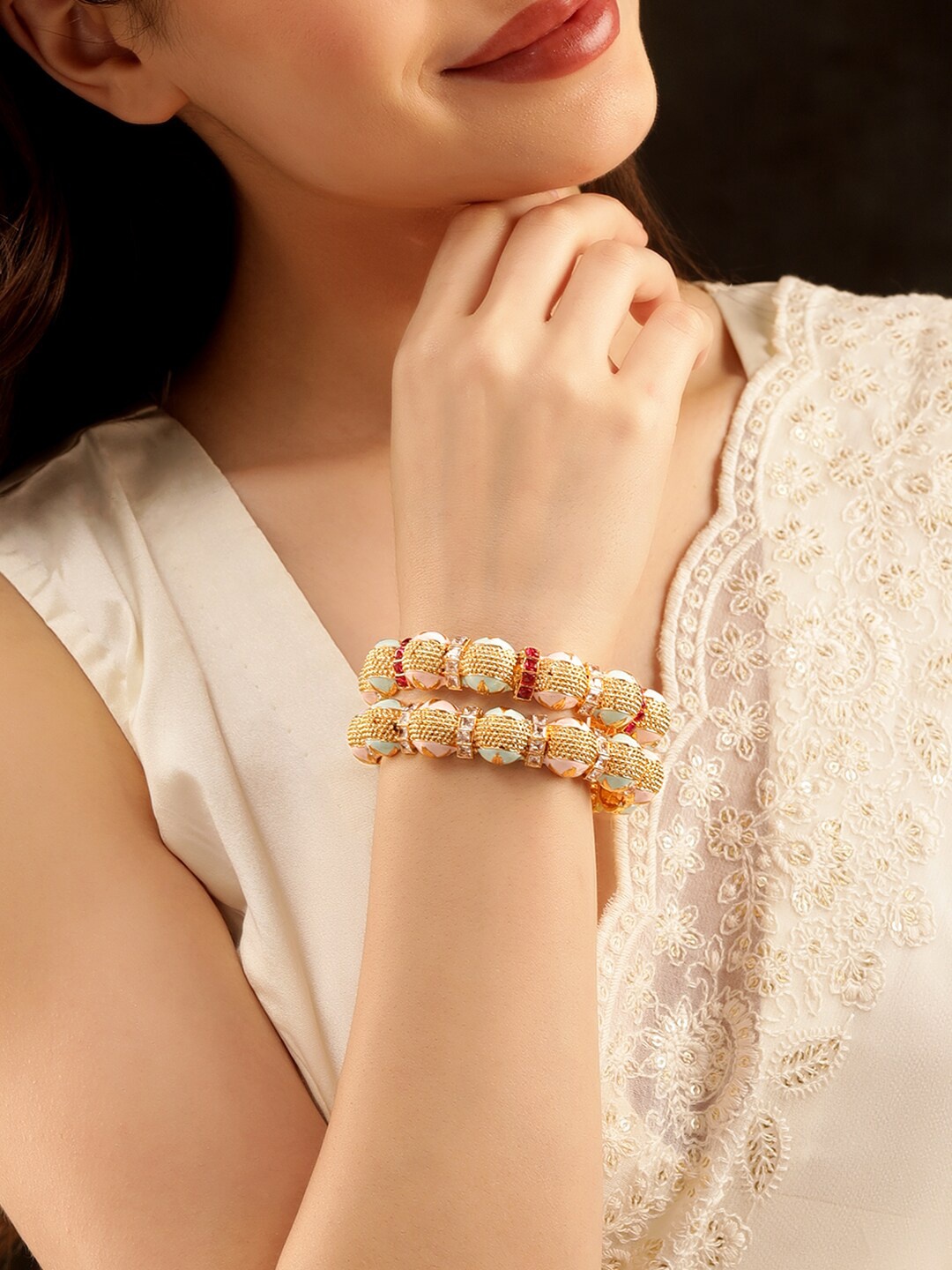 

Rubans Set Of 2 22KT Gold-Plated Stone-Studded Bangles