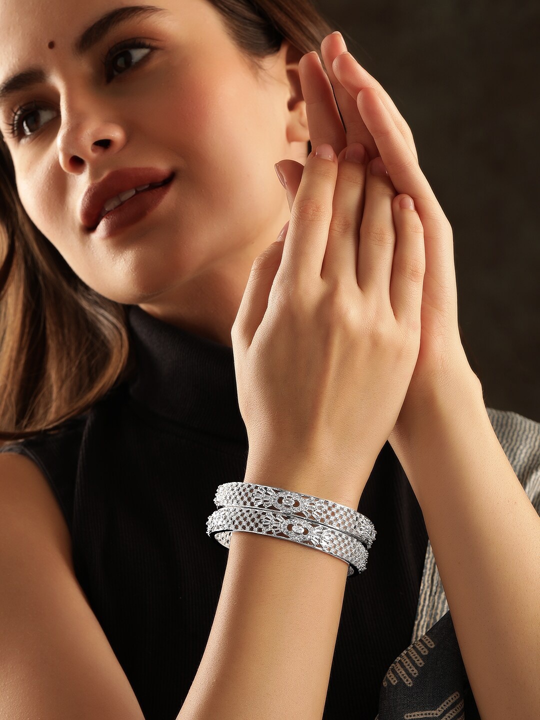 

Rubans Set Of 2 Rhodium-Plated Cubic Zirconia Studded Bangles, Silver