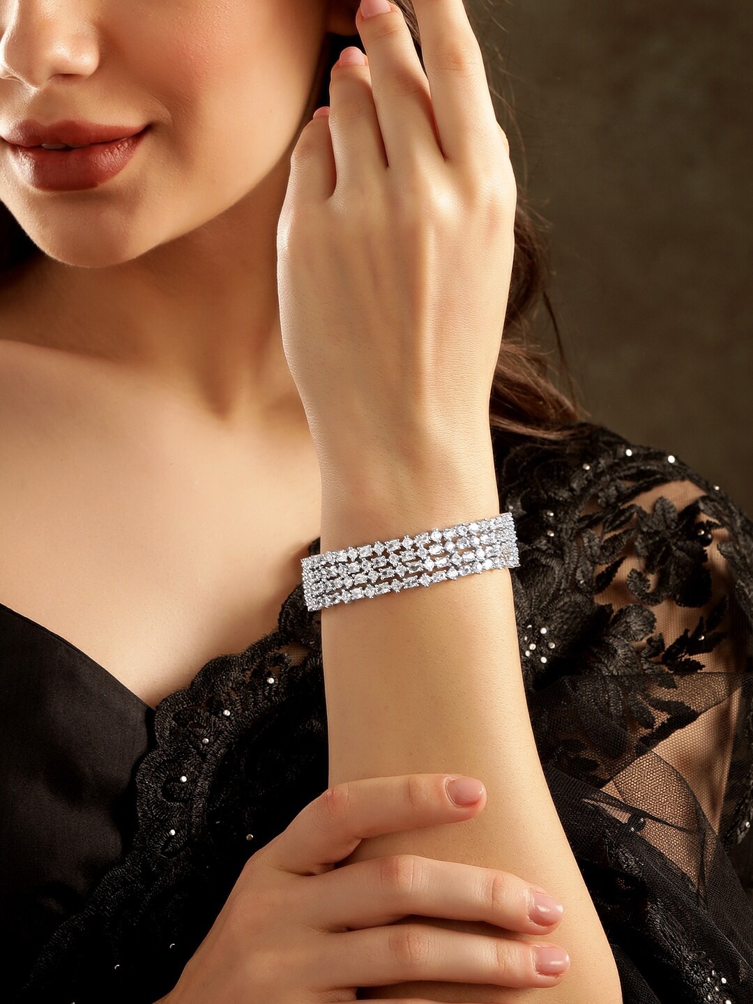 

Rubans Set Of 4 Rhodium Plated AD-Stones Bangles, Silver