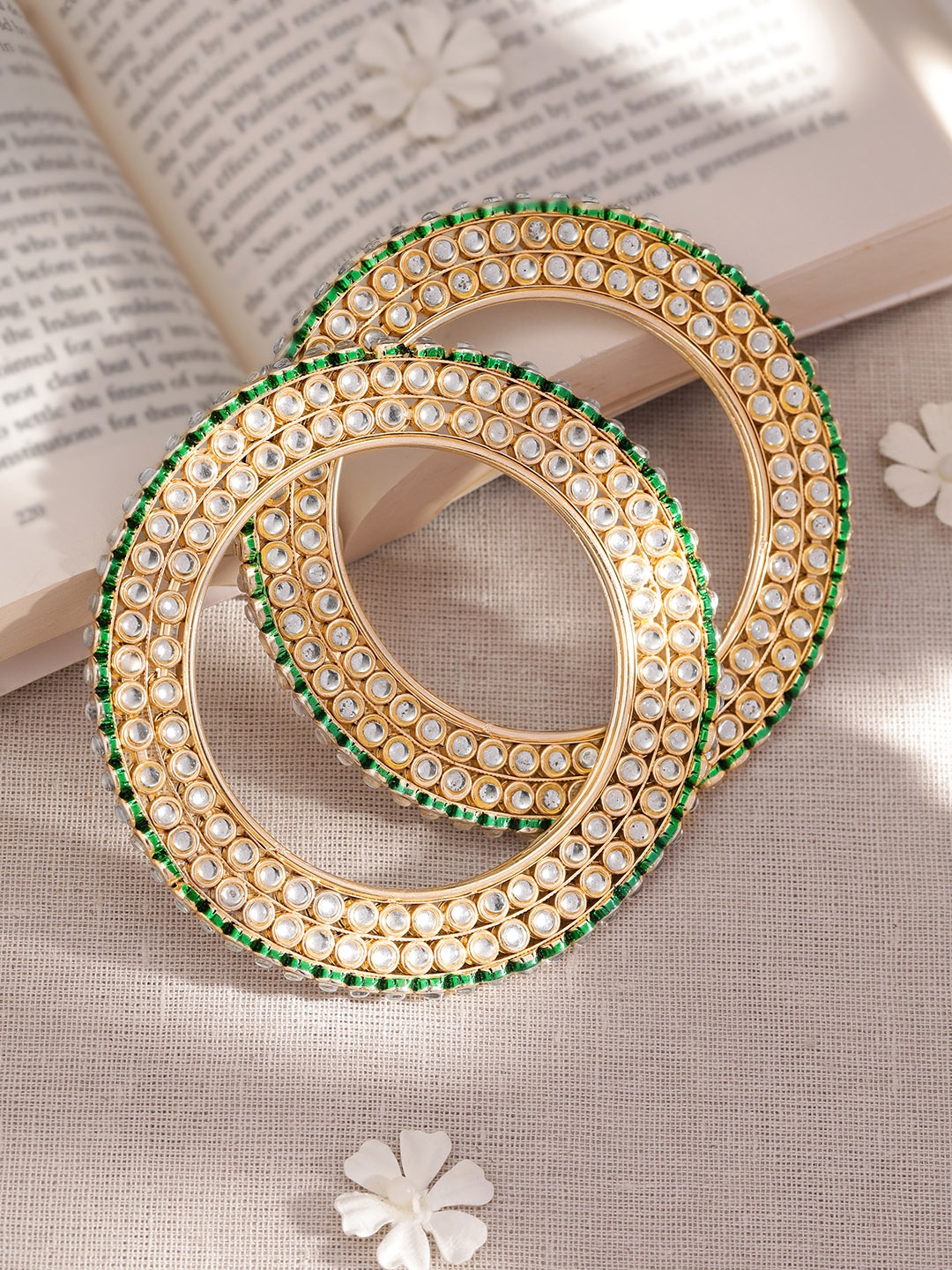

Rubans Set of 2 White and Green Gold-Plated Kundan Studded Bangles