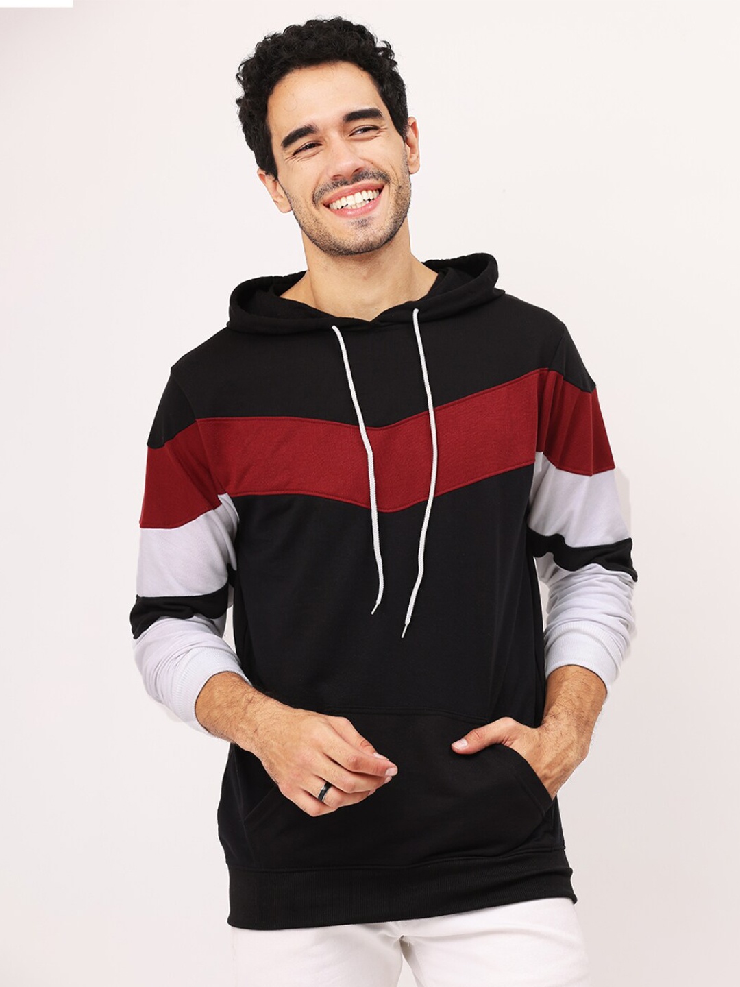 

Leotude Striped Hooded Fleece Regular Fit Pullover, Black