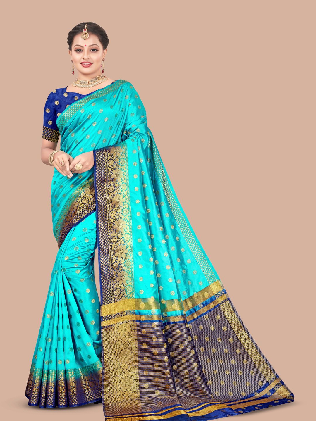 

MAGMINA Ethnic Motifs Woven Design Zari Pure Silk Banarasi Saree, Turquoise blue