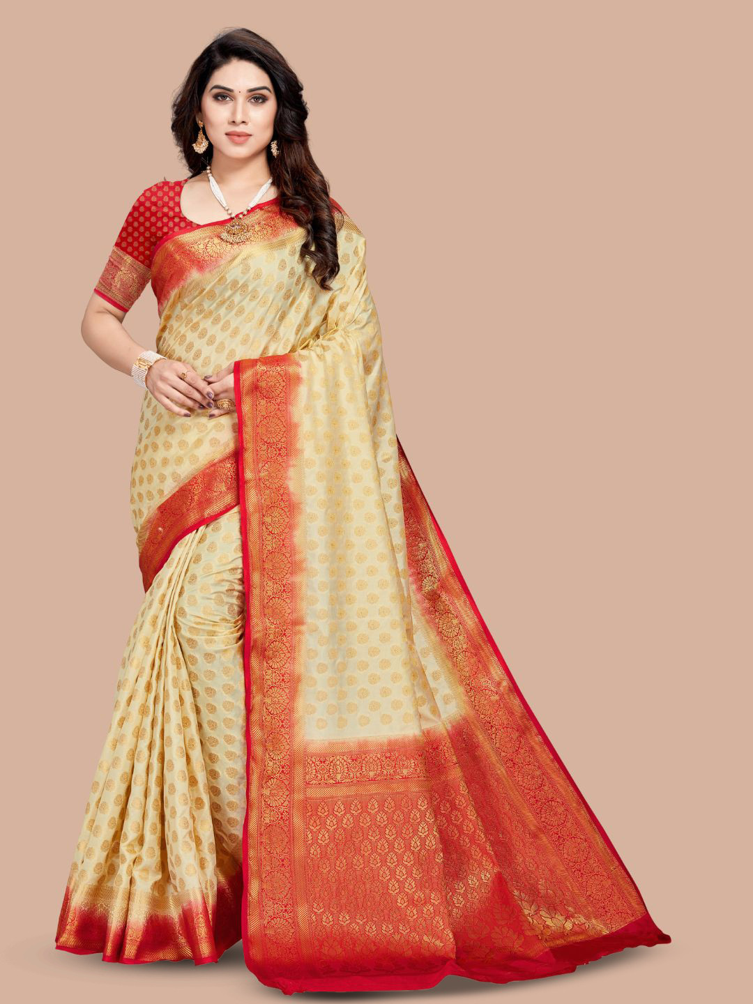 

MAGMINA Ethnic Motif Woven Design Zari Pure Silk Banarasi Saree, Cream