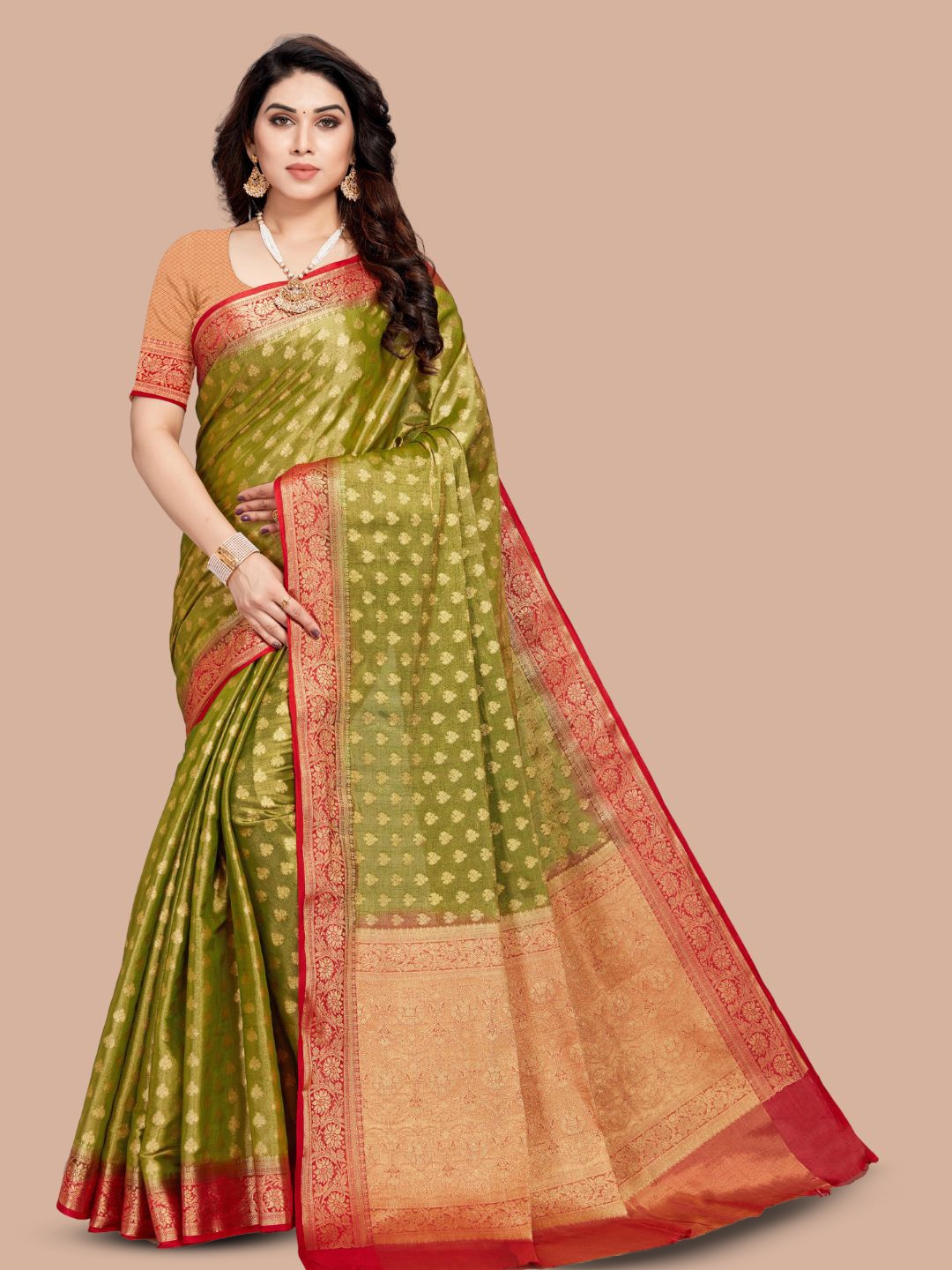 

MAGMINA Ethnic Motifs Woven Design Zari Pure Silk Banarasi Saree, Green