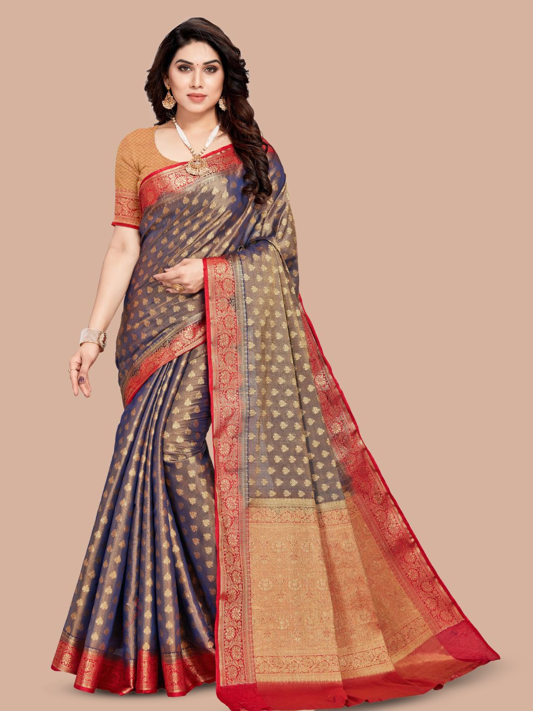 

MAGMINA Ethnic Motifs Woven Design Zari Pure Silk Banarasi Saree, Navy blue