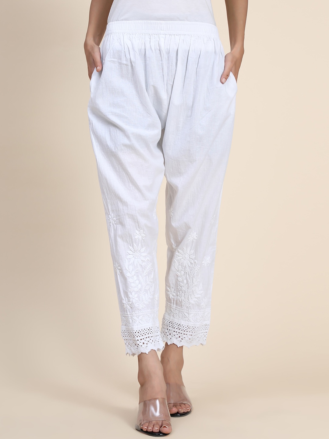 

HOUSE OF KARI Women Chikankari Embroidered Cotton Peg Trousers, White