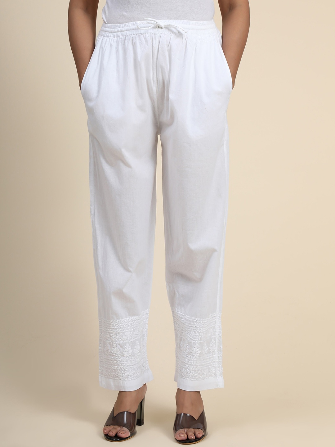

HOUSE OF KARI Women Chikankari Embroidered Cotton Regular Trouser, White