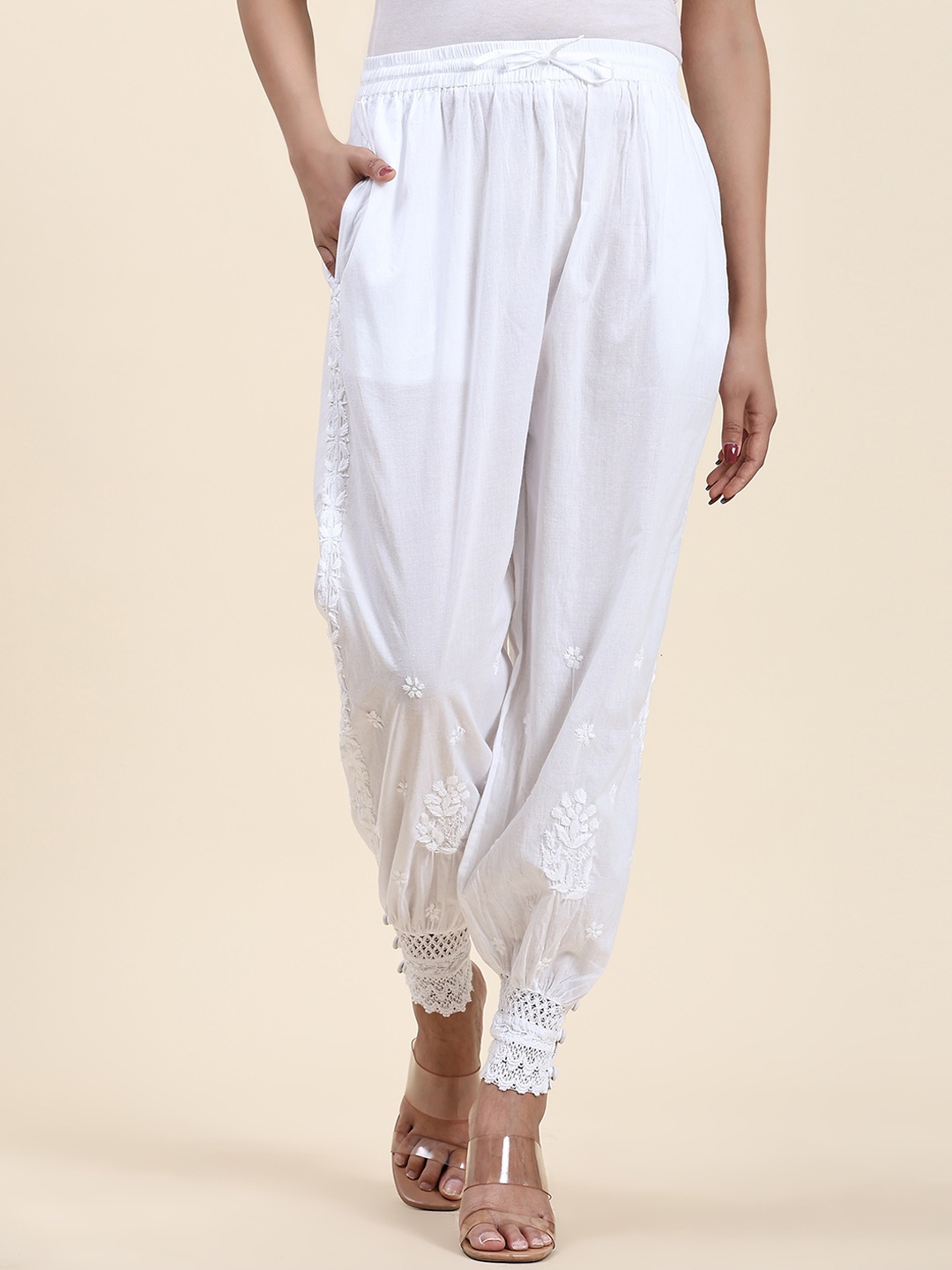 

HOUSE OF KARI Women Mid-Rise Floral Embroidered Chikankari Cotton Ethnic Trouser, White