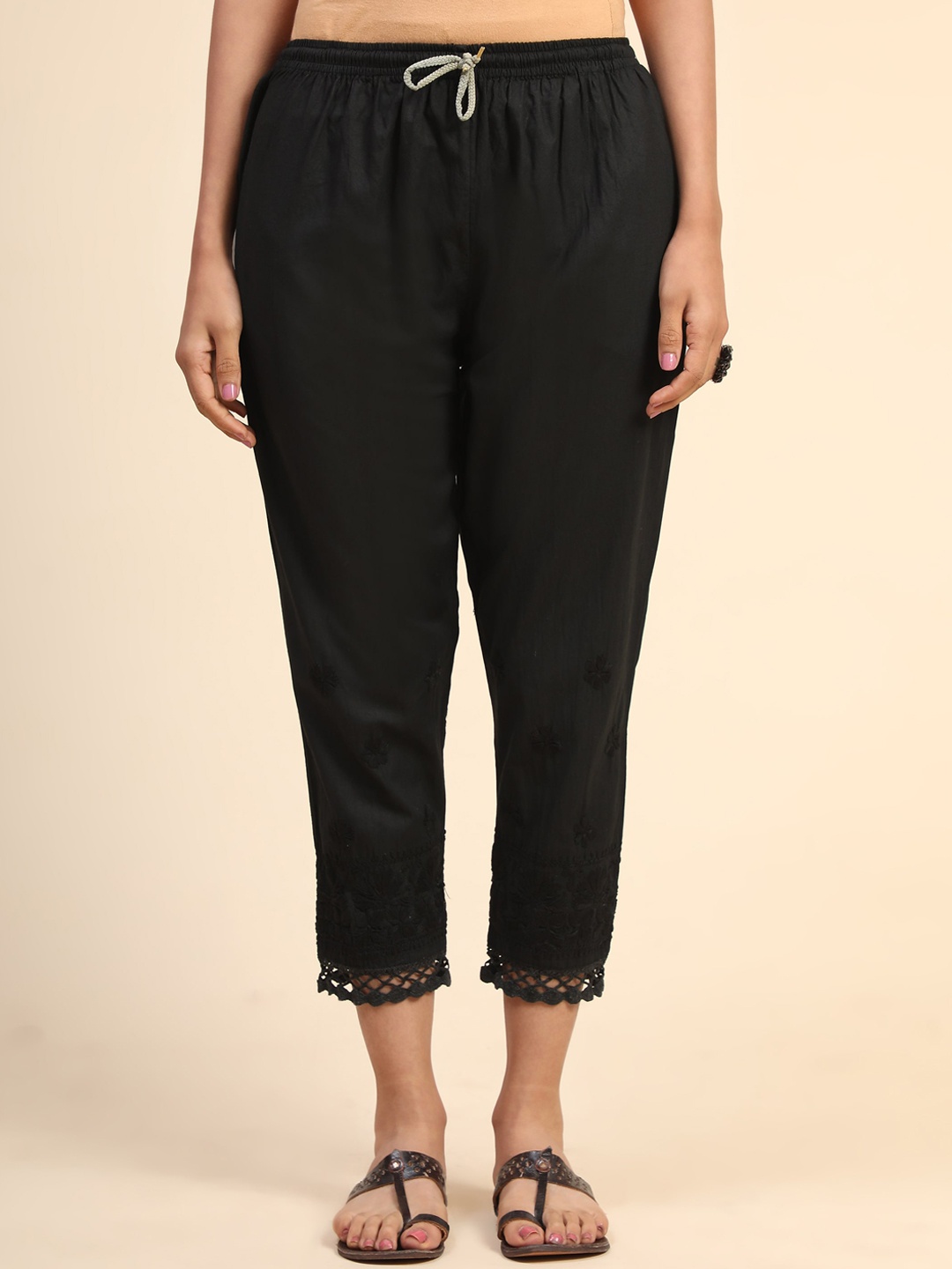 

HOUSE OF KARI Women Floral Chikankari Cotton Trousers, Black