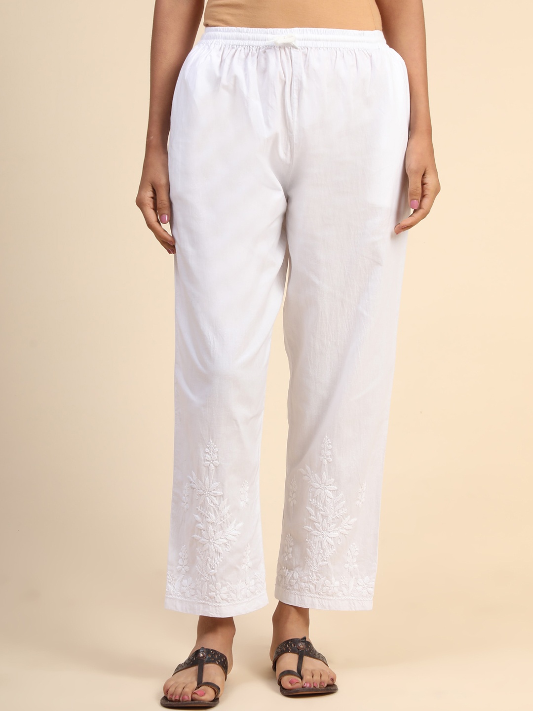

HOUSE OF KARI Women Ethnic Motifs Embroidered Chikankari Cotton Regular Trousers, White