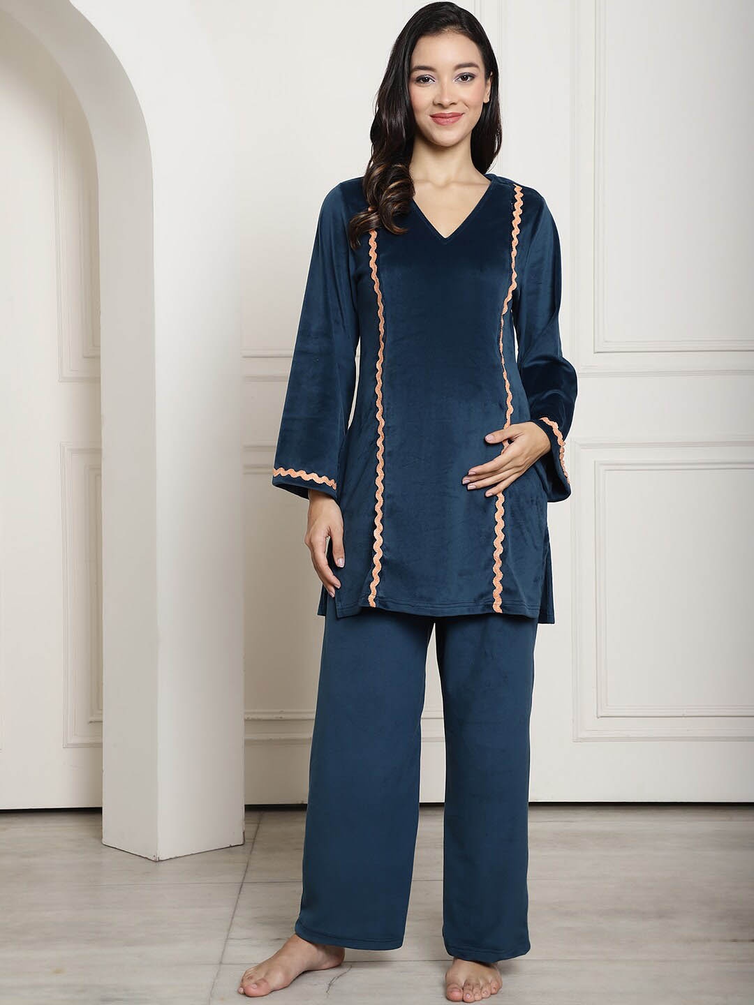 

Secret Wish Longline Velvet Maternity Night Suit, Turquoise blue