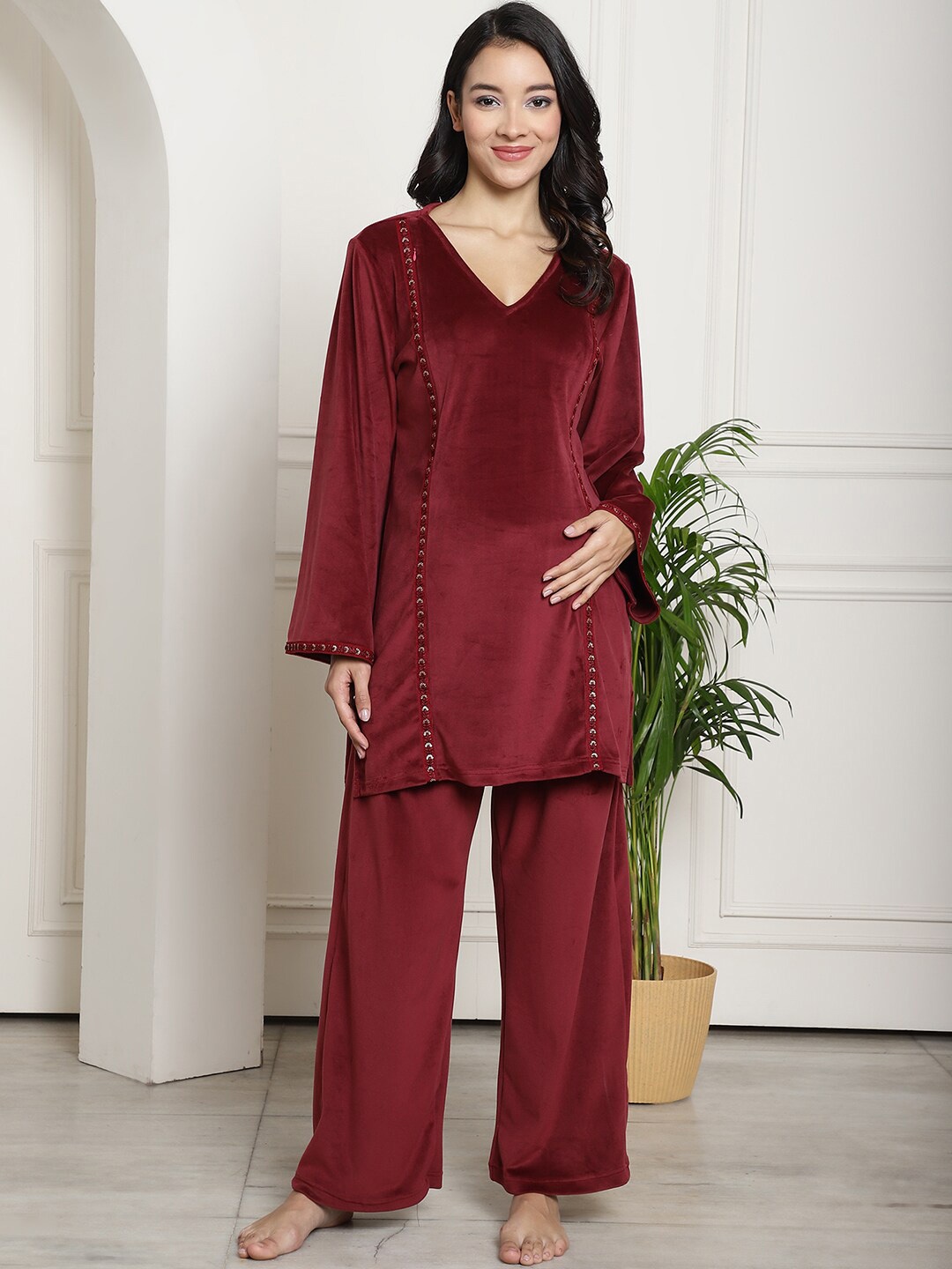 

Secret Wish Velvet Maternity Night suit, Maroon