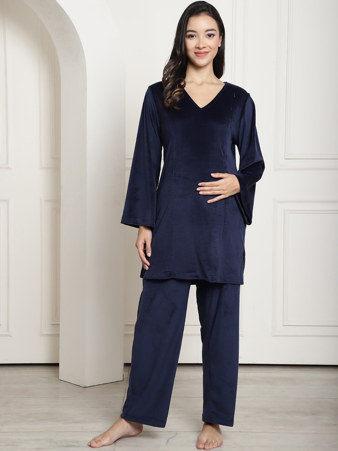 

Secret Wish Velvet Maternity Night Suit, Navy blue