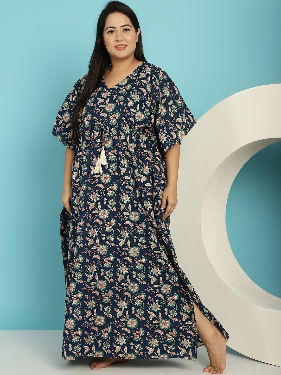 

Secret Wish Plus Size Floral Printed Pure Cotton Maxi Kaftan Nightdress, Navy blue