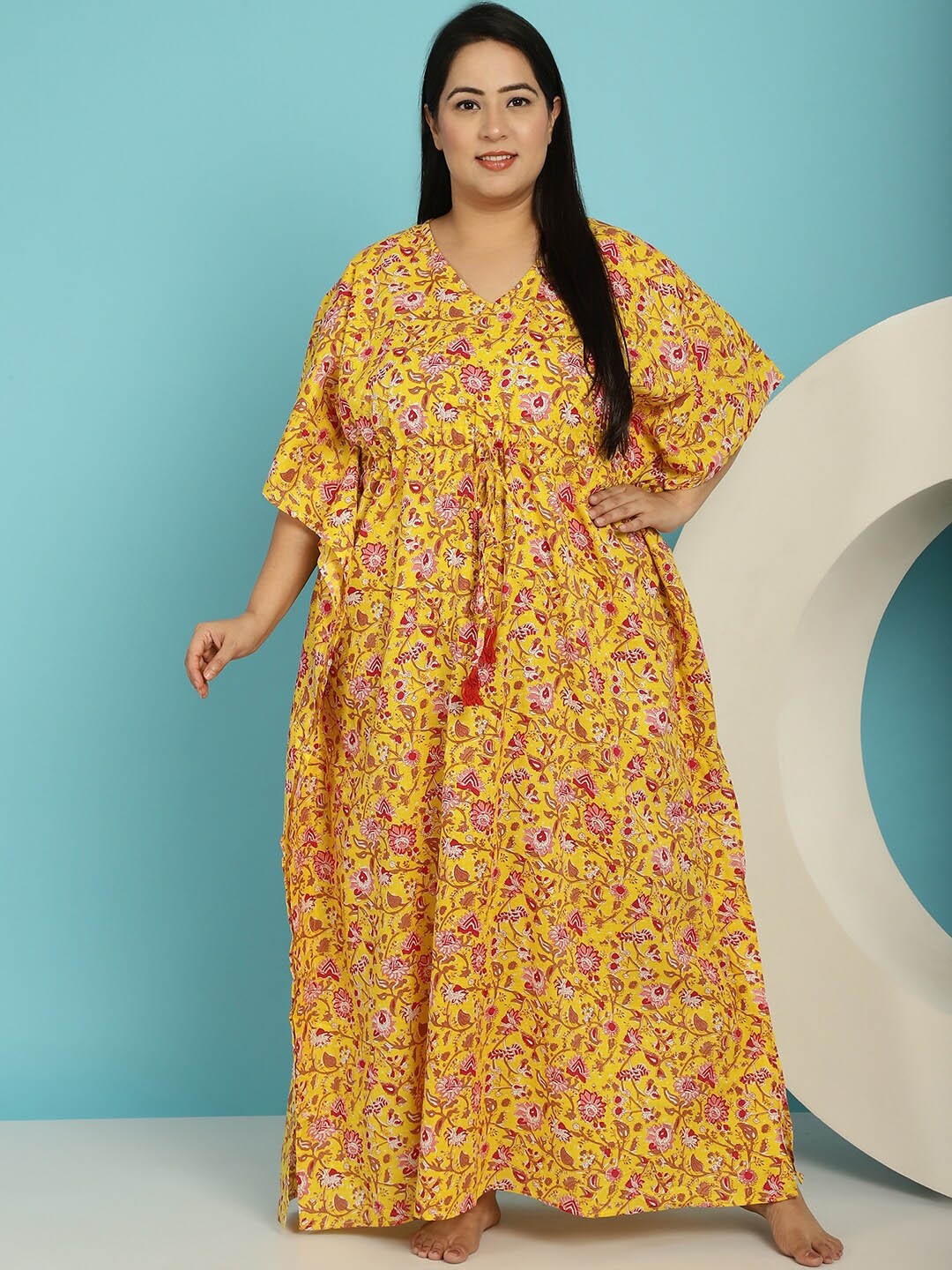 

Secret Wish Plus Size Floral Printed V-Neck Pure Cotton Maxi Kaftan Nightdress, Yellow