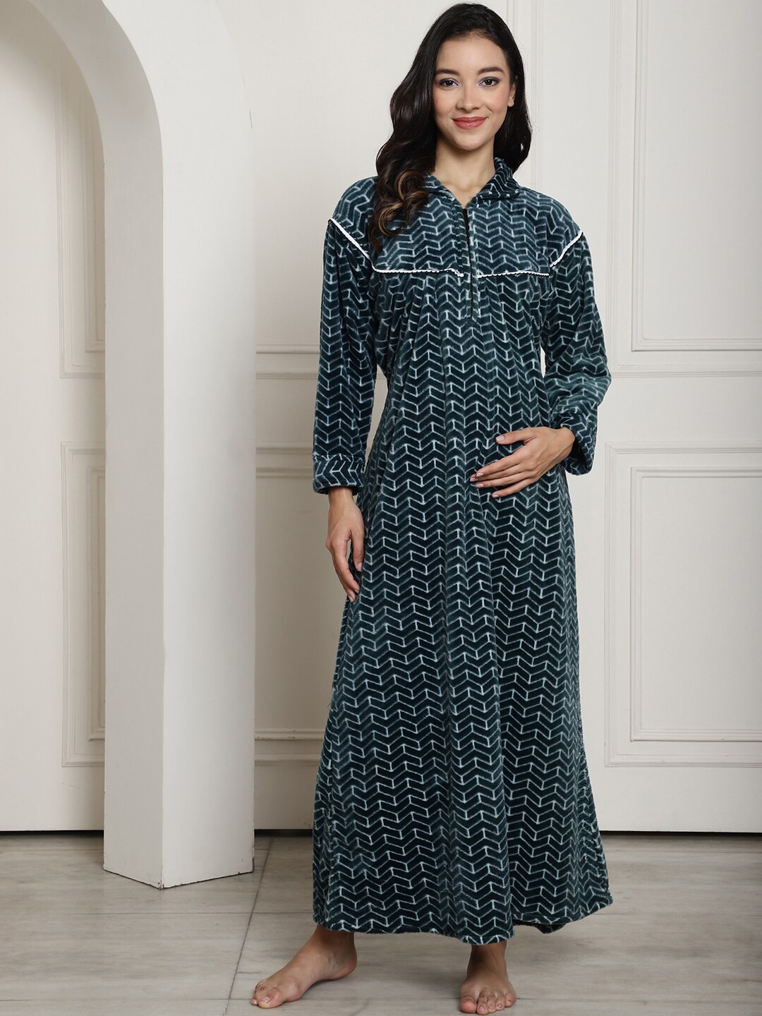 

Secret Wish Geometric Printed Shirt Collar Maxi Maternity Nightdress, Green