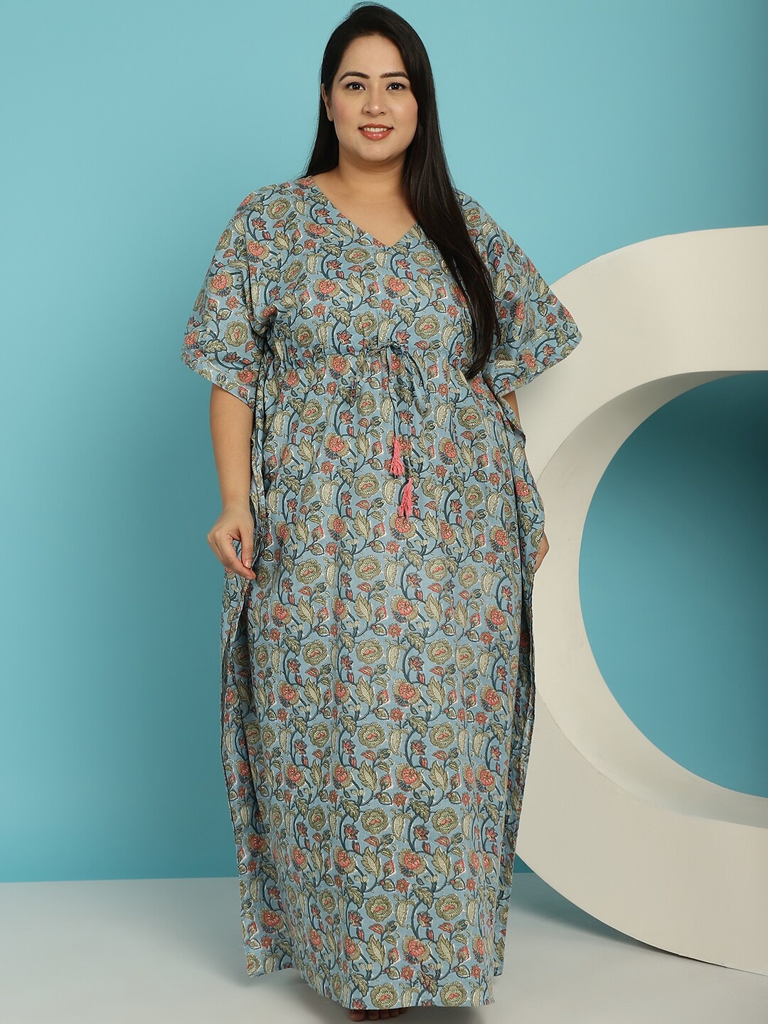 

Secret Wish Plus Size Floral Printed Pure Cotton Maxi Kaftan Nightdress, Blue
