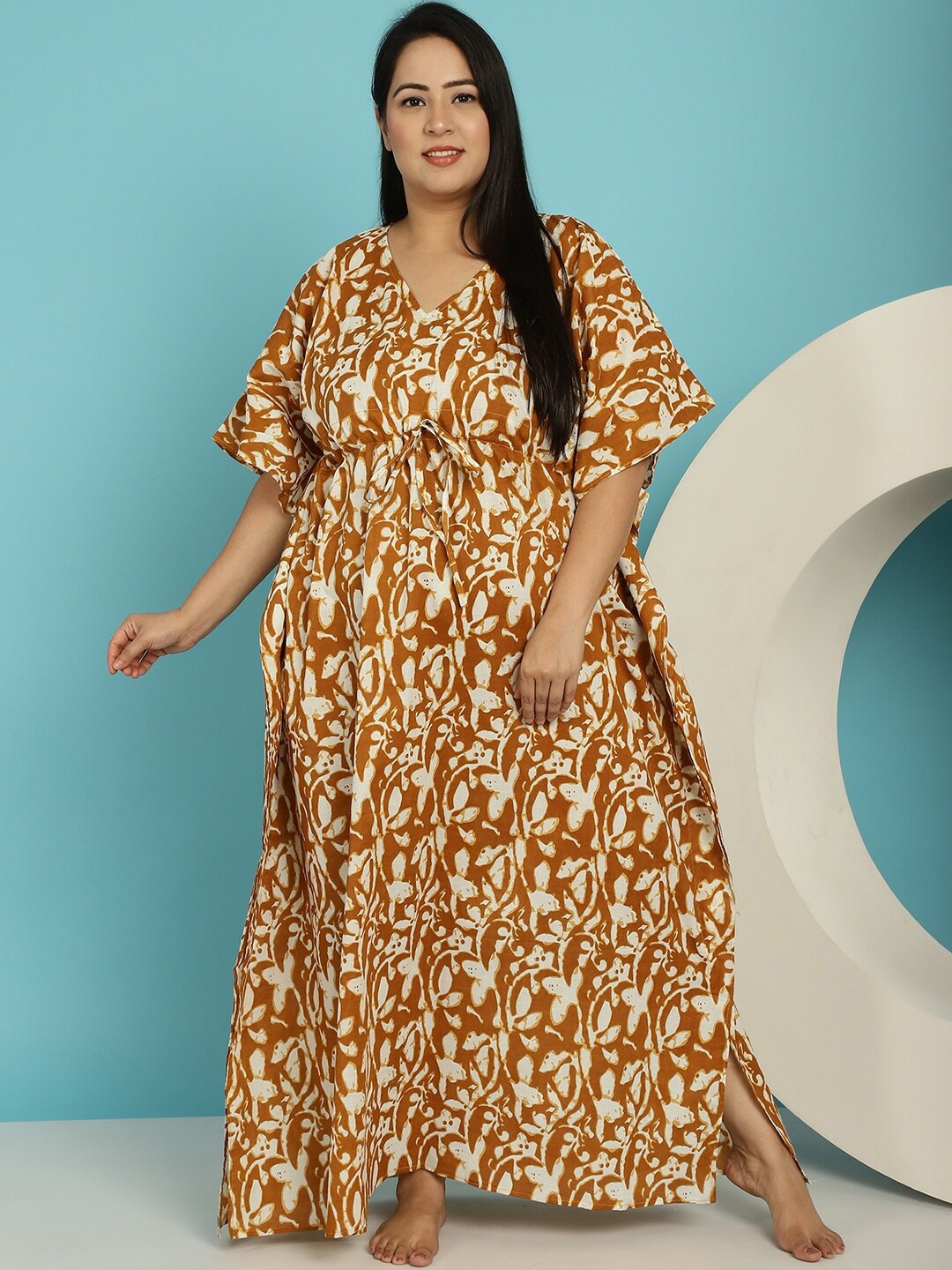 

Secret Wish Plus Size Floral Printed Pure Cotton Maxi Kaftan Nightdress, Mustard