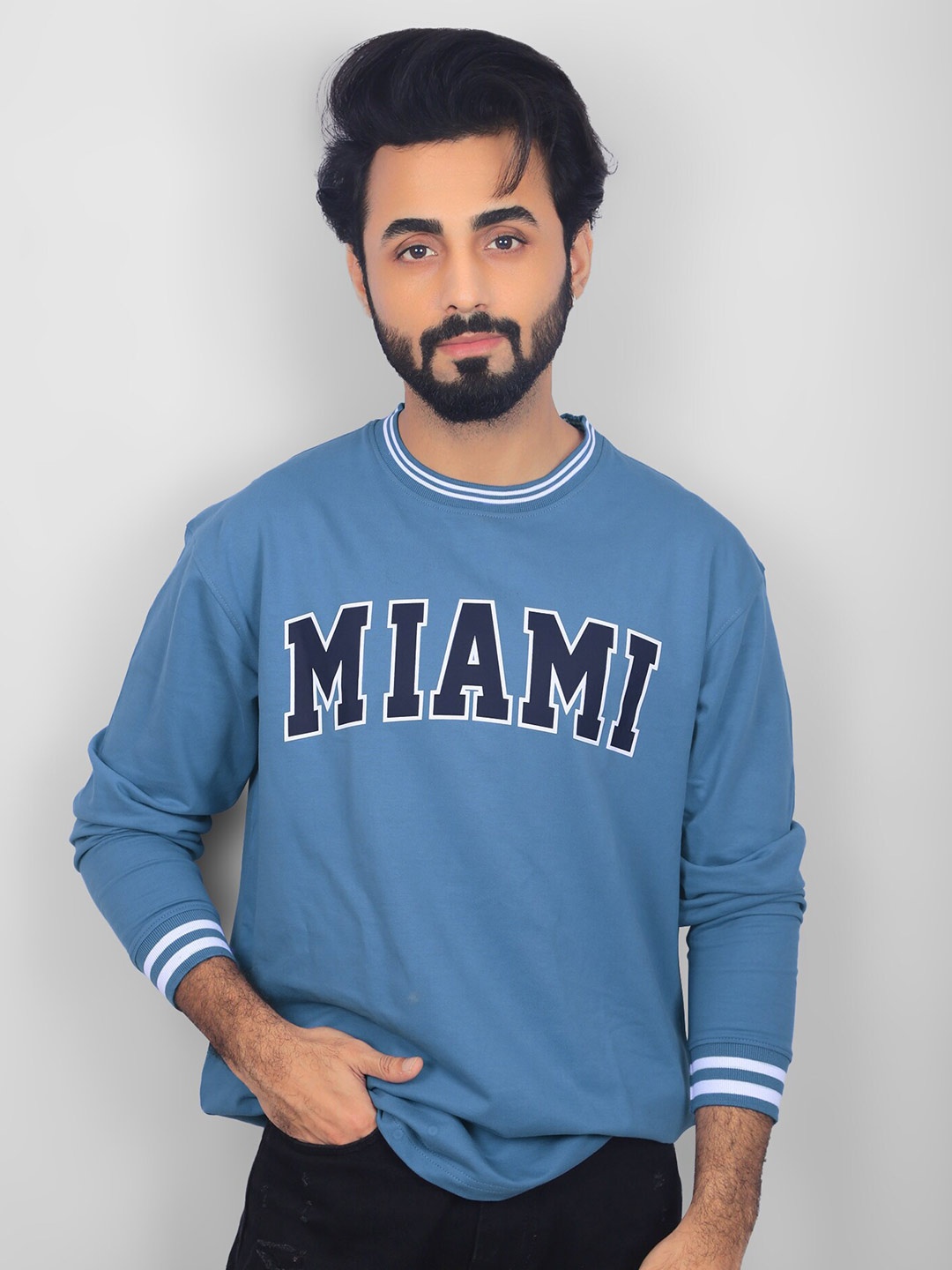 

Maniac Typography Printed Drop Shoulder Sleeve Cotton Oversized Casual T-shirt, Blue