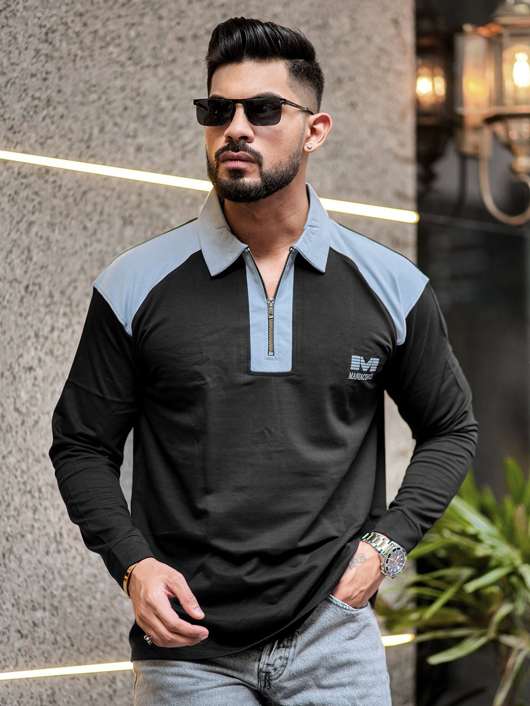 Maniac Polo Collar Cotton Casual Oversized T-shirt, Black