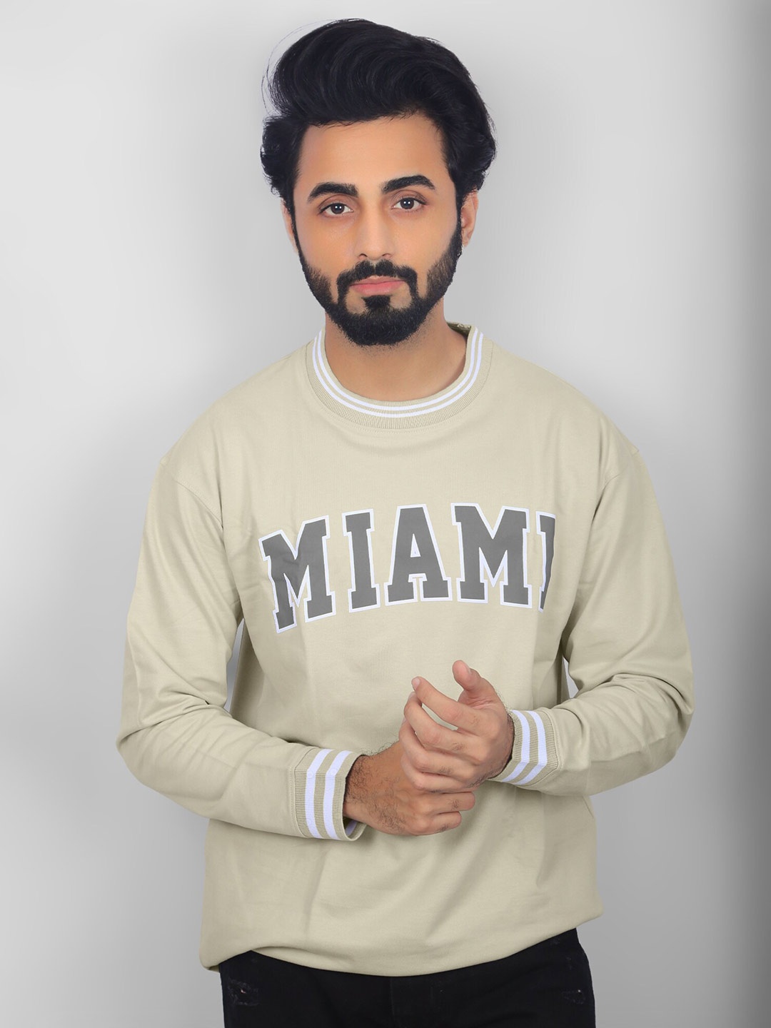 

Maniac Typography Printed Drop Shoulder Sleeve Cotton Oversized Casual T-shirt, Beige