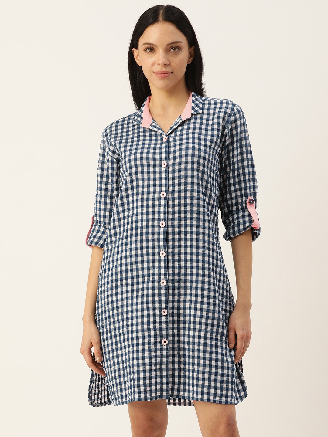 

Clt.s Checked Pure Cotton Nightdress, Navy blue