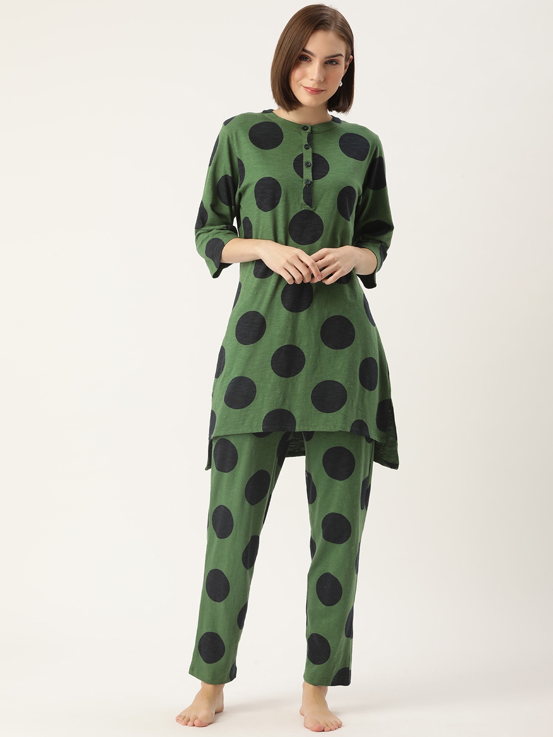 

Clt.s Women Polka Dots Printed Pure Cotton Longline Night suit, Green