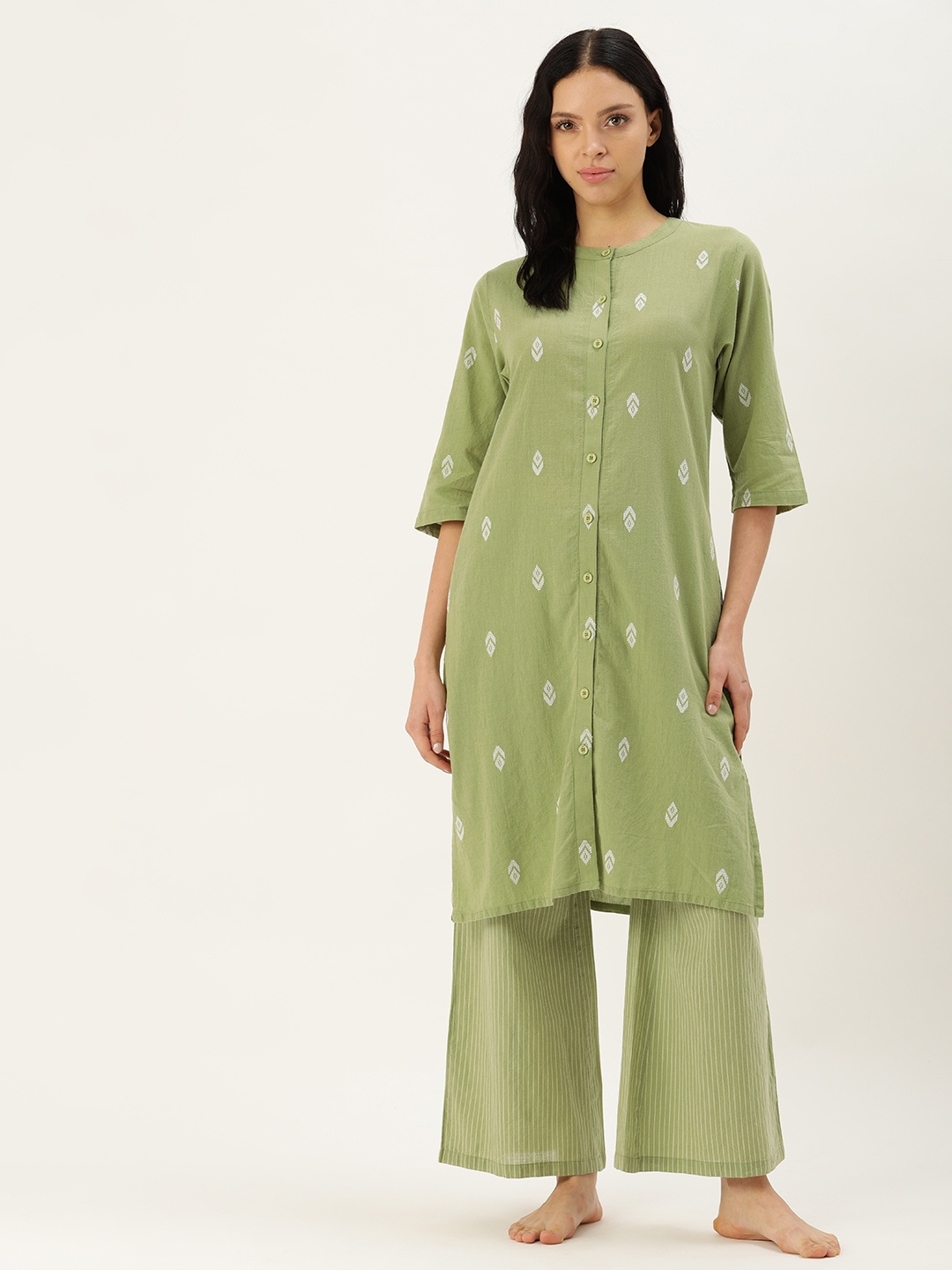 

Clt.s Geometric Print Pure Cotton Night Suit, Green