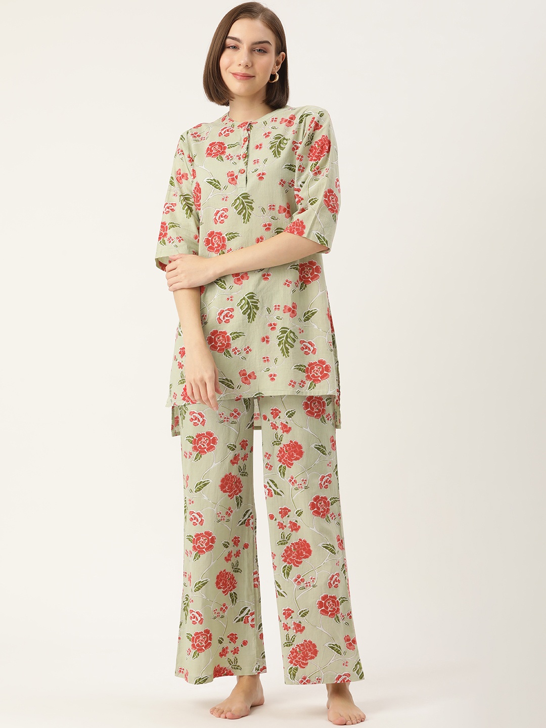 

Clt.s Floral Printed Pure Cotton Night Suit, Green