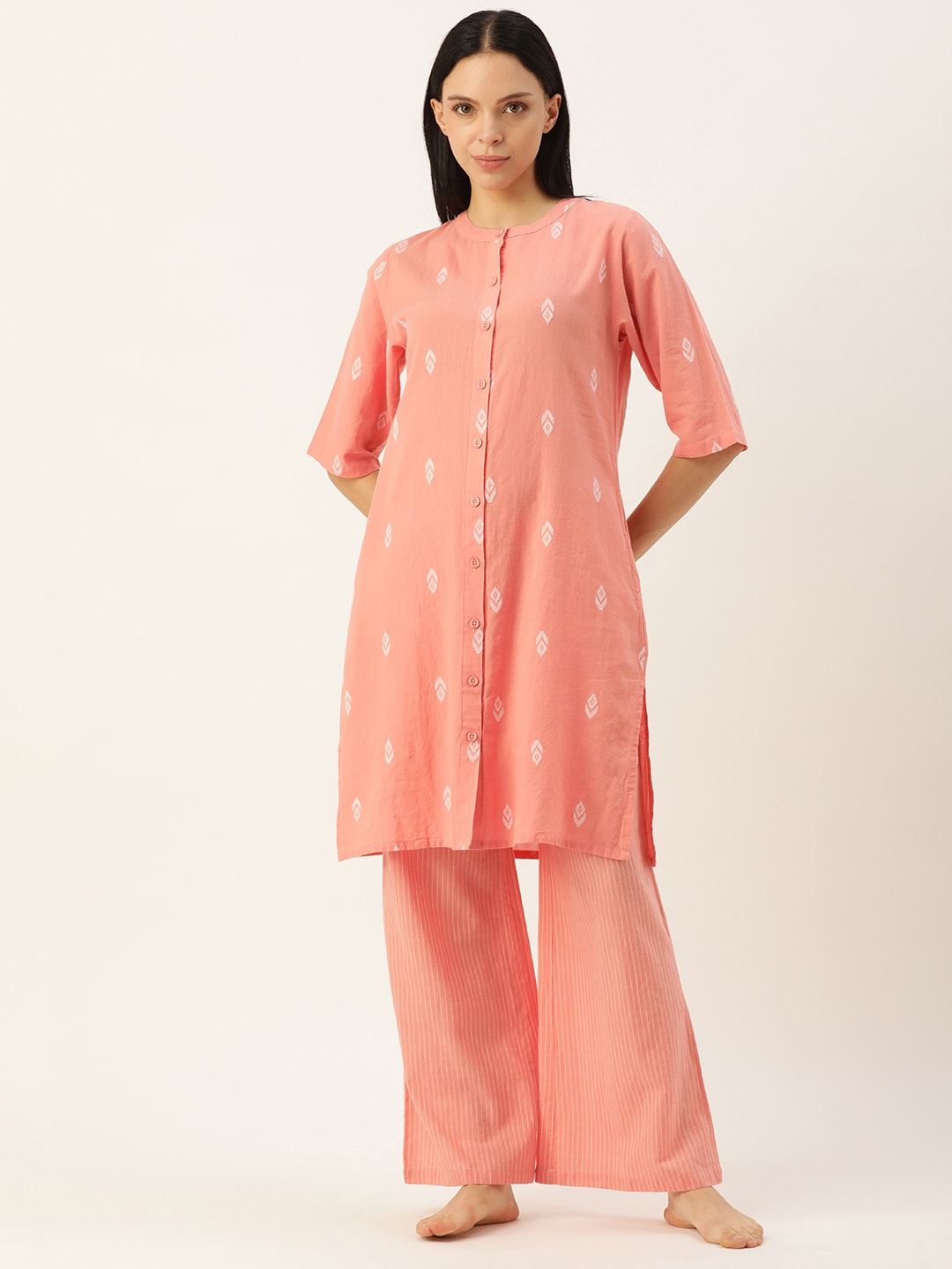 

Clt.s Embroidered Mandarin Collar Pure Cotton Night Suit, Peach