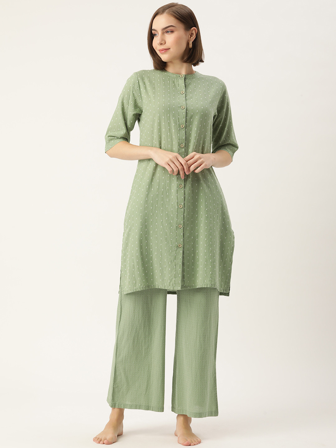 

Clt.s Striped Pure Cotton Night Suit, Green