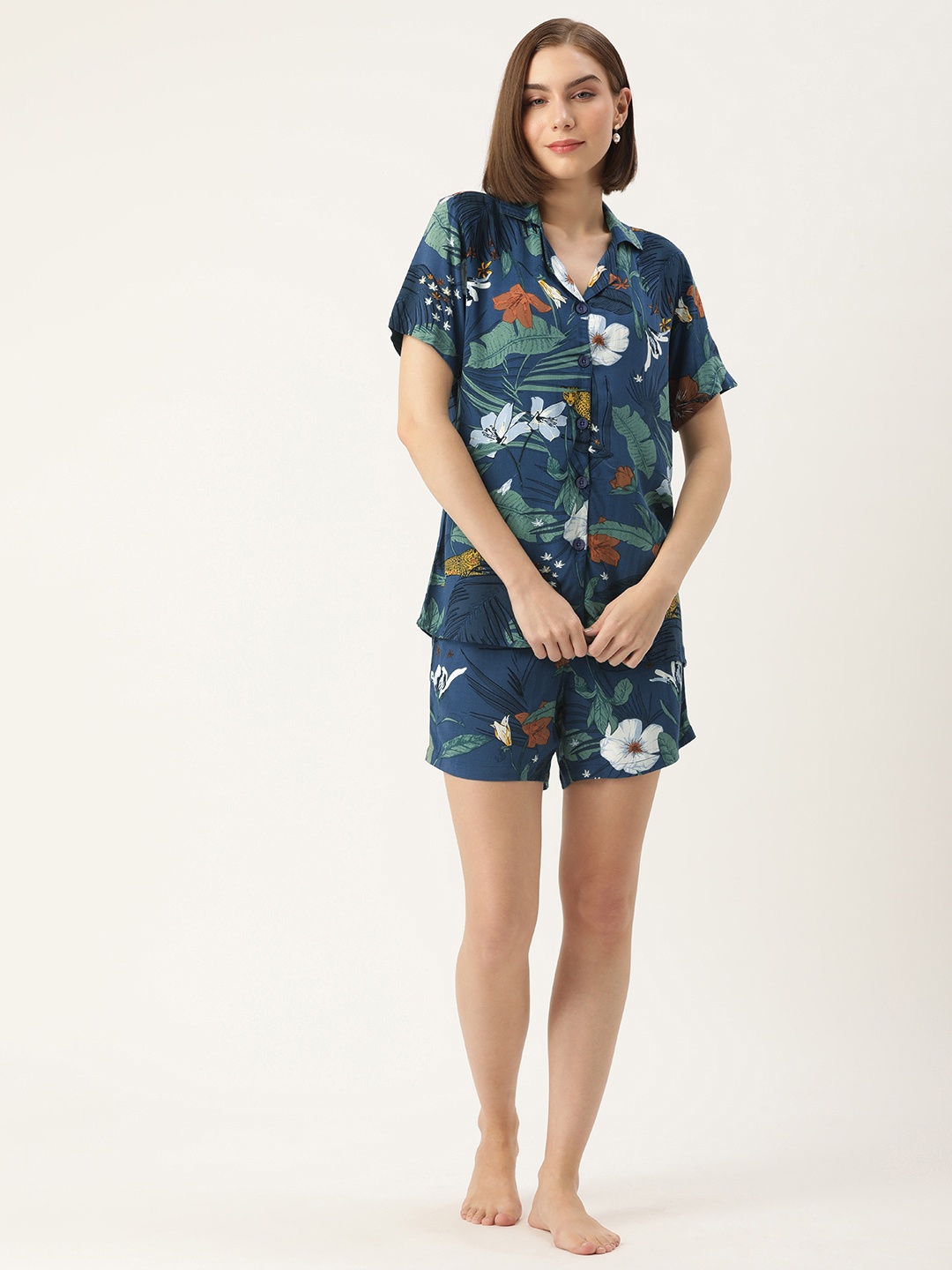 

Clt.s Tropical Printed Night Suit, Navy blue